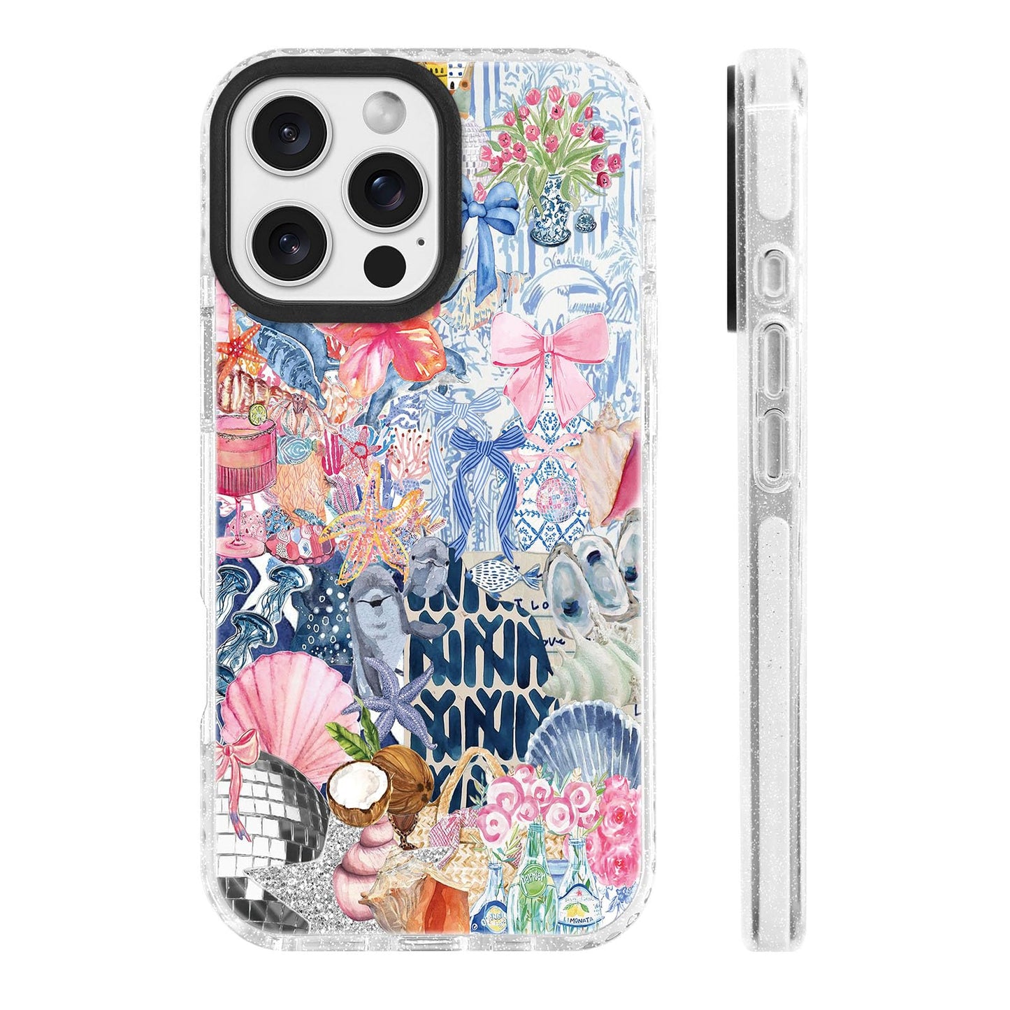 for iPhone 16 Pro Case [Military-Grade Drop Protection/Stylish Soft TPU Protective/Camera Protection/for Women & Girls] - Beach Party Collage Pattern with Mermaid WN420