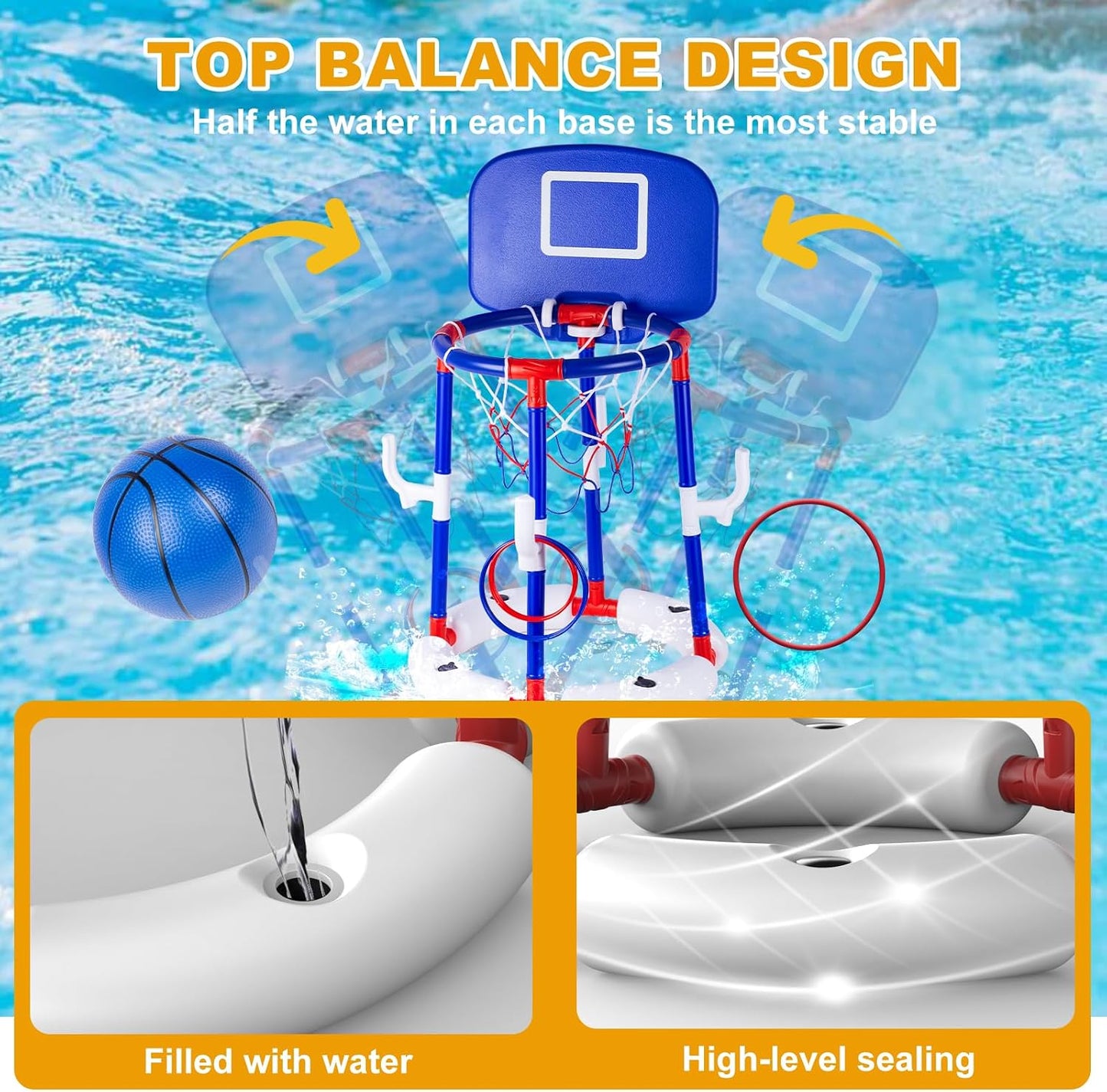 Taotuo Blue Floating Pool Basketball Hoop with Backboard, 2-in-1 Poor Toy Basketball & Ring Toss Game with 4 Balls, 6 Rings&Pump, Summer Pool Toys Outdoor Water Fun Family Party for Age 3-12 DD1210