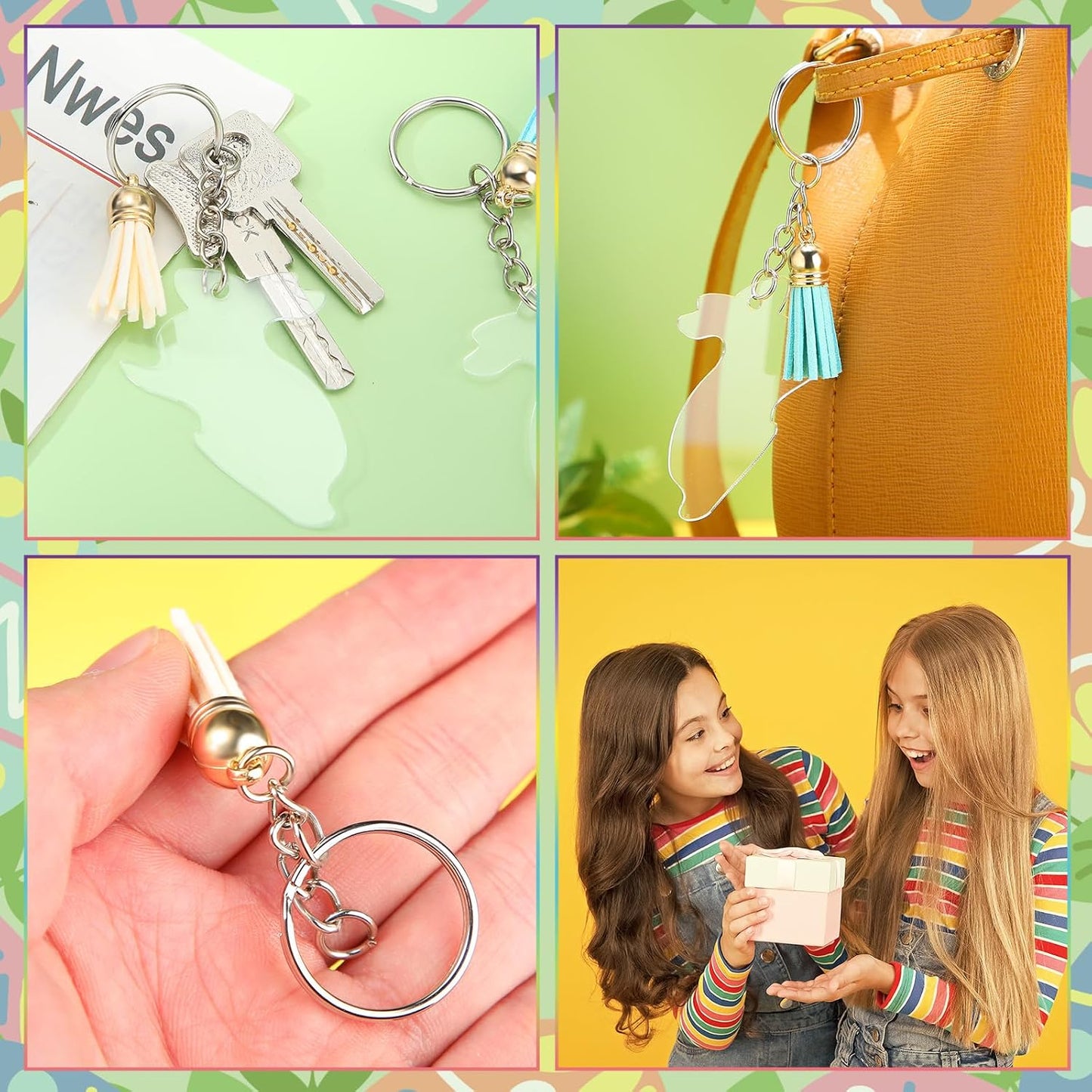 Tondiamo 120 Pcs Easter Blank Keychain Tassel Set Including 30 Pcs Rabbit Keychain Blank 30 Keychain Ring 30 Jump Rings 30 Artificial Leather Tassel for DIY Keychain Earring WN420