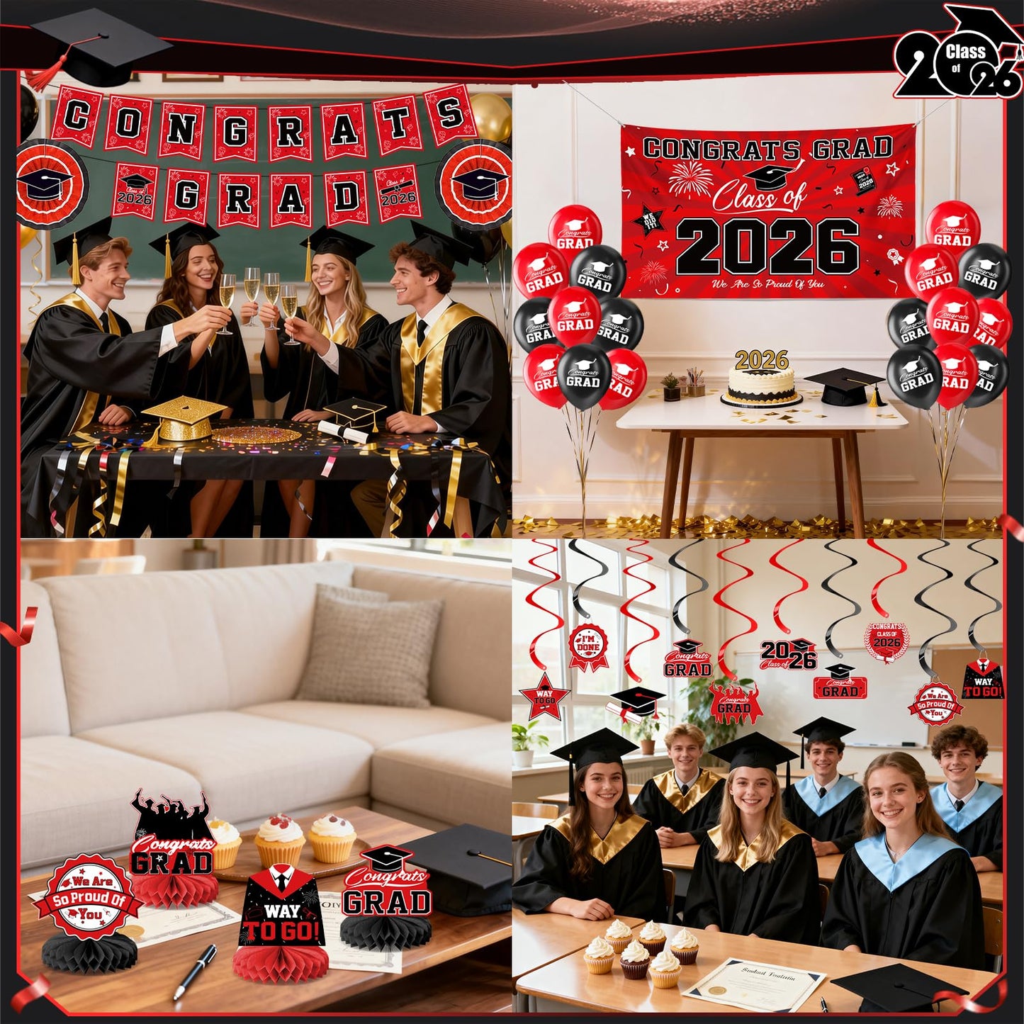 Graduation Decorations 2026-Blue and Black Graduation Party Decorations Supplies Class of 2026 with Graduation Banner, Backdrop, Balloons, Centerpieces, Hanging Swirl for Grad Party BST326H