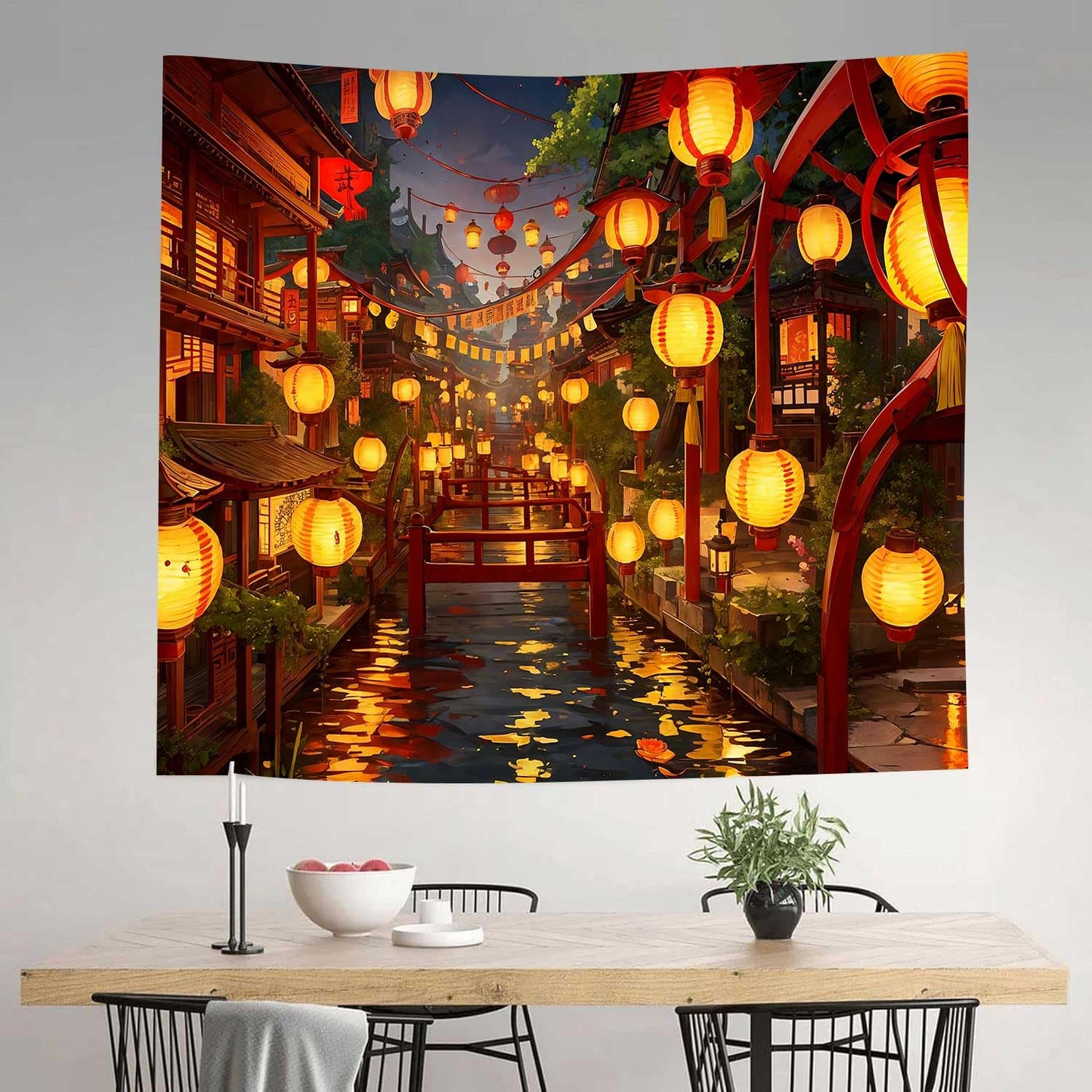 Ine Ive Japanese Tapestry Wall Hanging Large Size 93x71 Inch | Traditional Japan Streets filled with lanterns tapestry for Bedroom Living Room Dorm Office Restaurant Wall Decor BST202