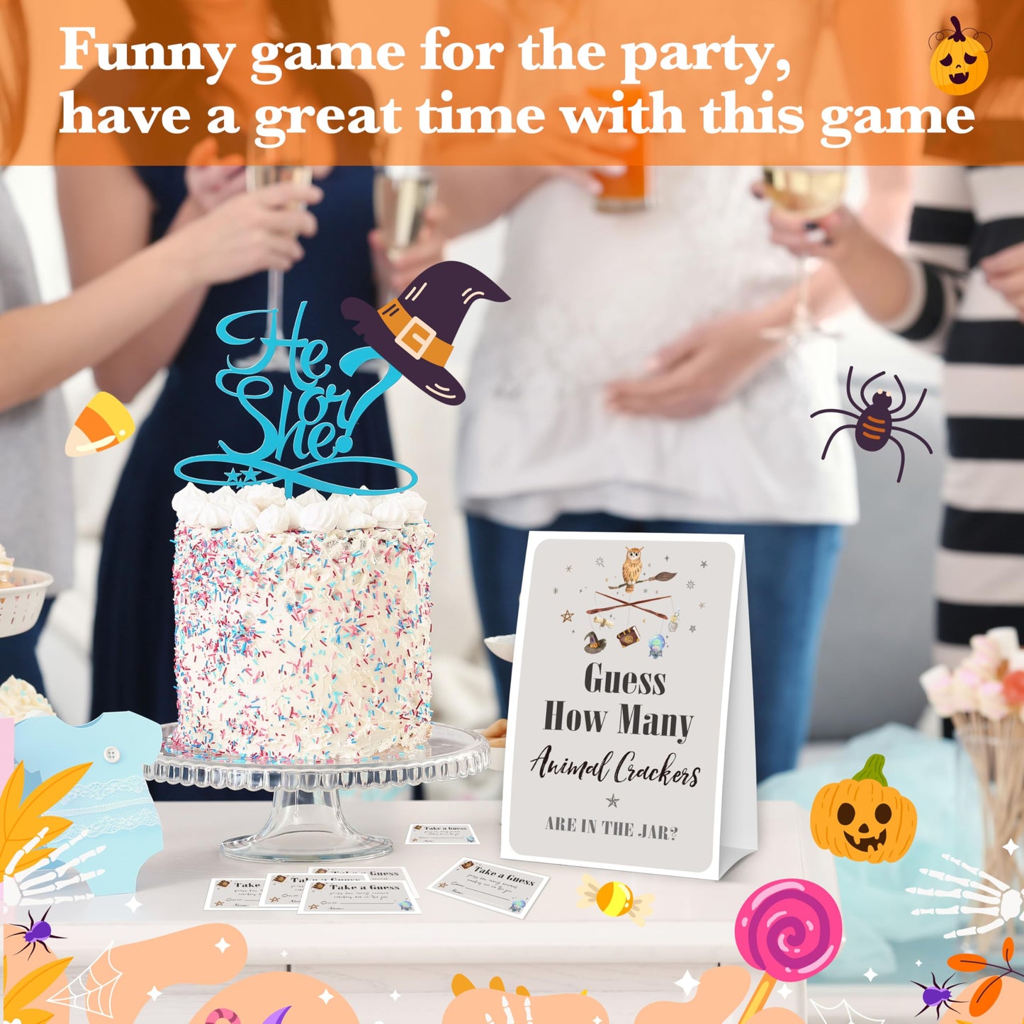 Halloween Baby Shower Measure The Baby Bump, 1 Self-Standing Sign + 50 Tickets for Little Ghost Gender Reveal Announcement Party Favor Supplies - D12 BST326L