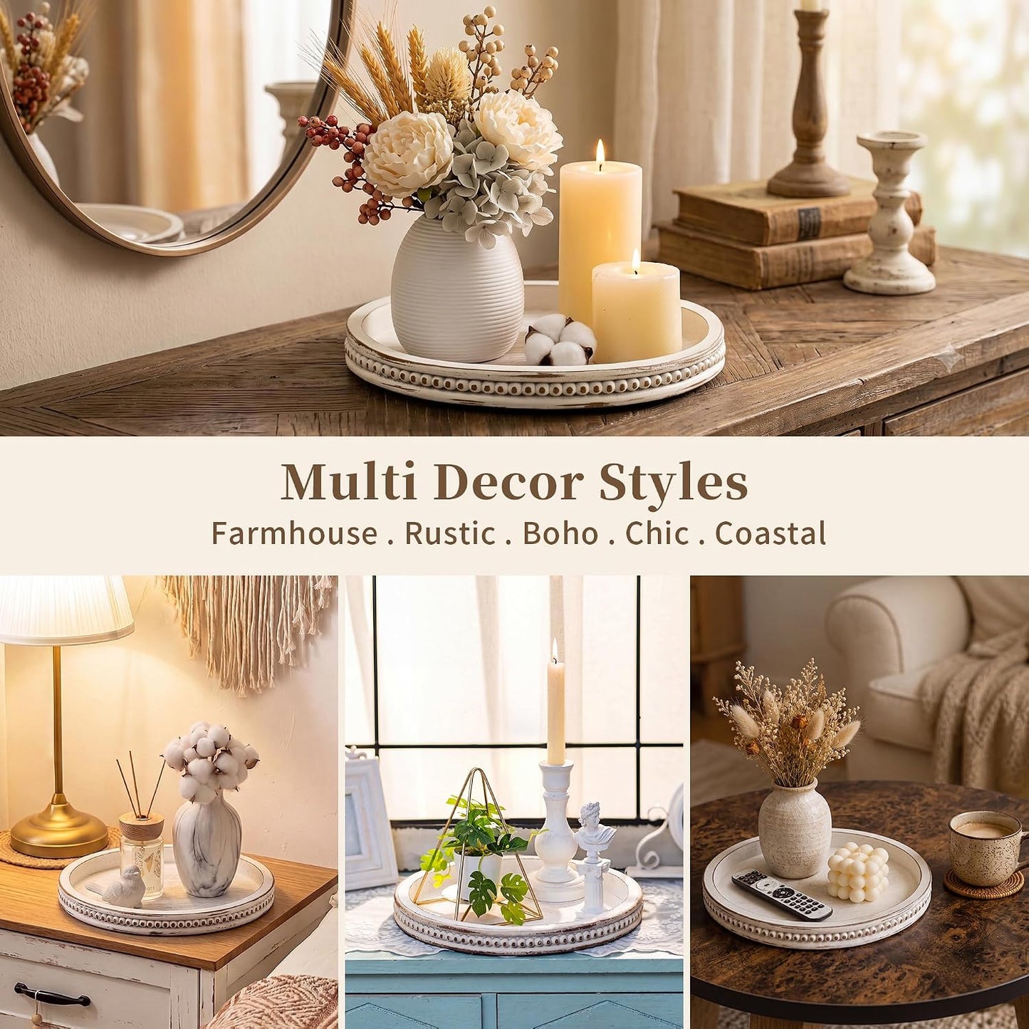 Hanobe Decorative Tray for Coffee Table: 10.5-Inch Round Whitewashed Wood Tray for Rustic Farmhouse Living Room Kitchen Island Entryway Home Decor BST326H