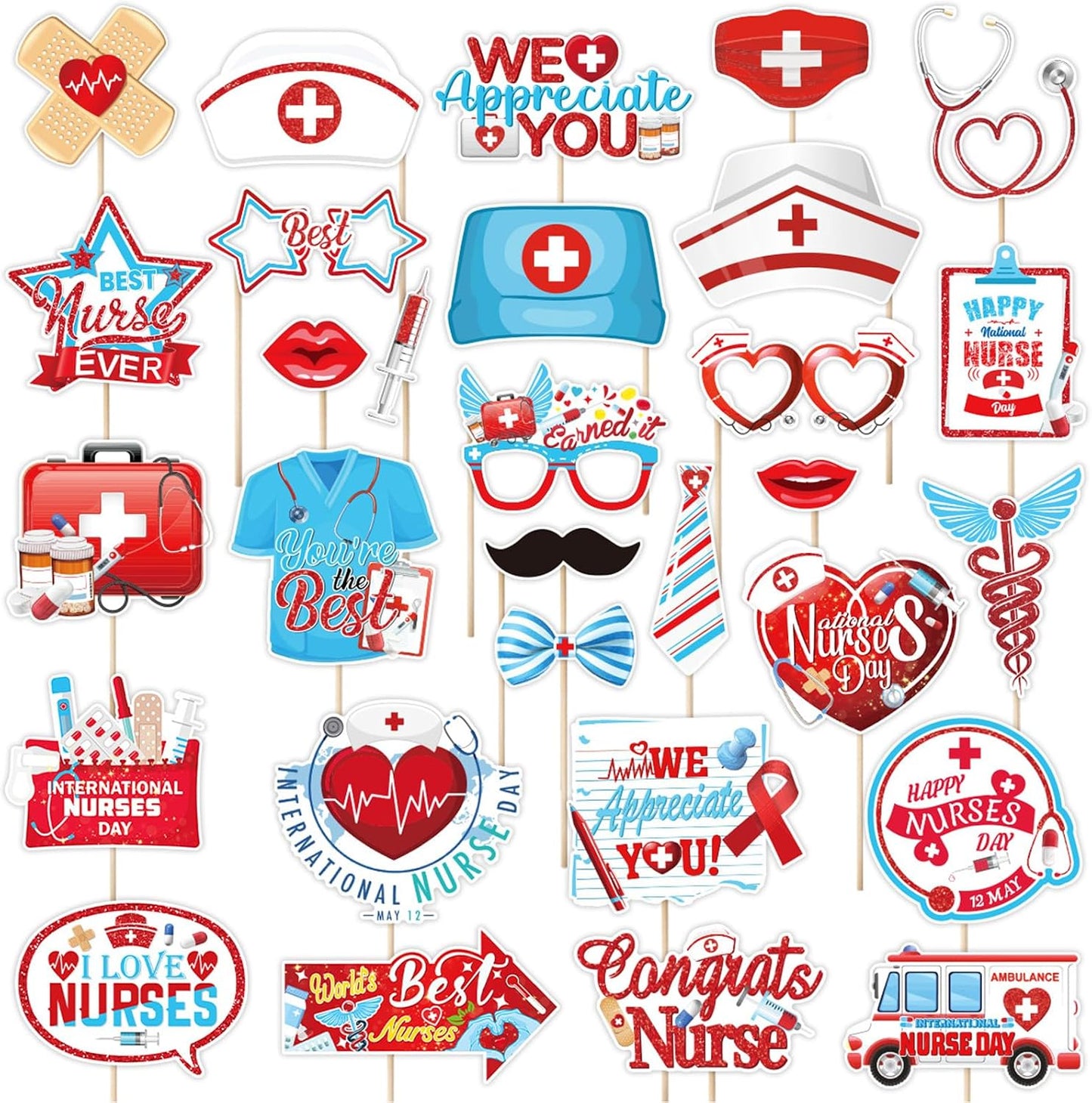 30 PCS Nurse's Day Photo Booth Props with Stick, DIY Thank You Nurses Medical Selfie Picture Props, Medical Nursing Party Decorations Nurse School Graduation Supplies BST220