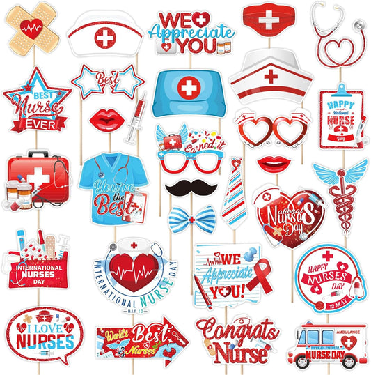 30 PCS Nurse's Day Photo Booth Props with Stick, DIY Thank You Nurses Medical Selfie Picture Props, Medical Nursing Party Decorations Nurse School Graduation Supplies BST220