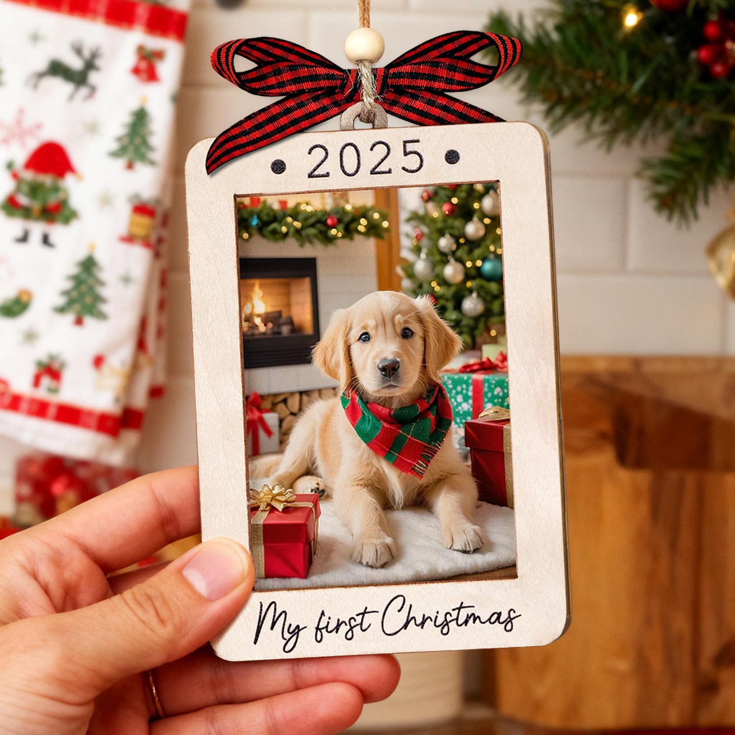 Hangwoous Baby's First Christmas Photo Frame Ornament 2025 | Wooden portrait frame keepsake, first Christmas photo gift for baby BST202