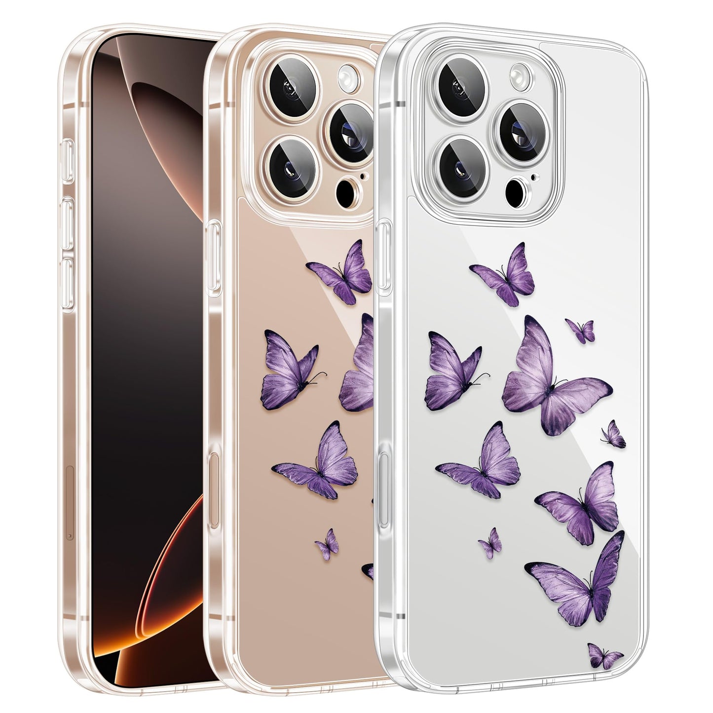 Cute Girly Crystal Clear Case Compatible with iPhone 16 Pro, Camera Control & Shockproof Protection Floral Case for Women, Blue Butterflies WN420