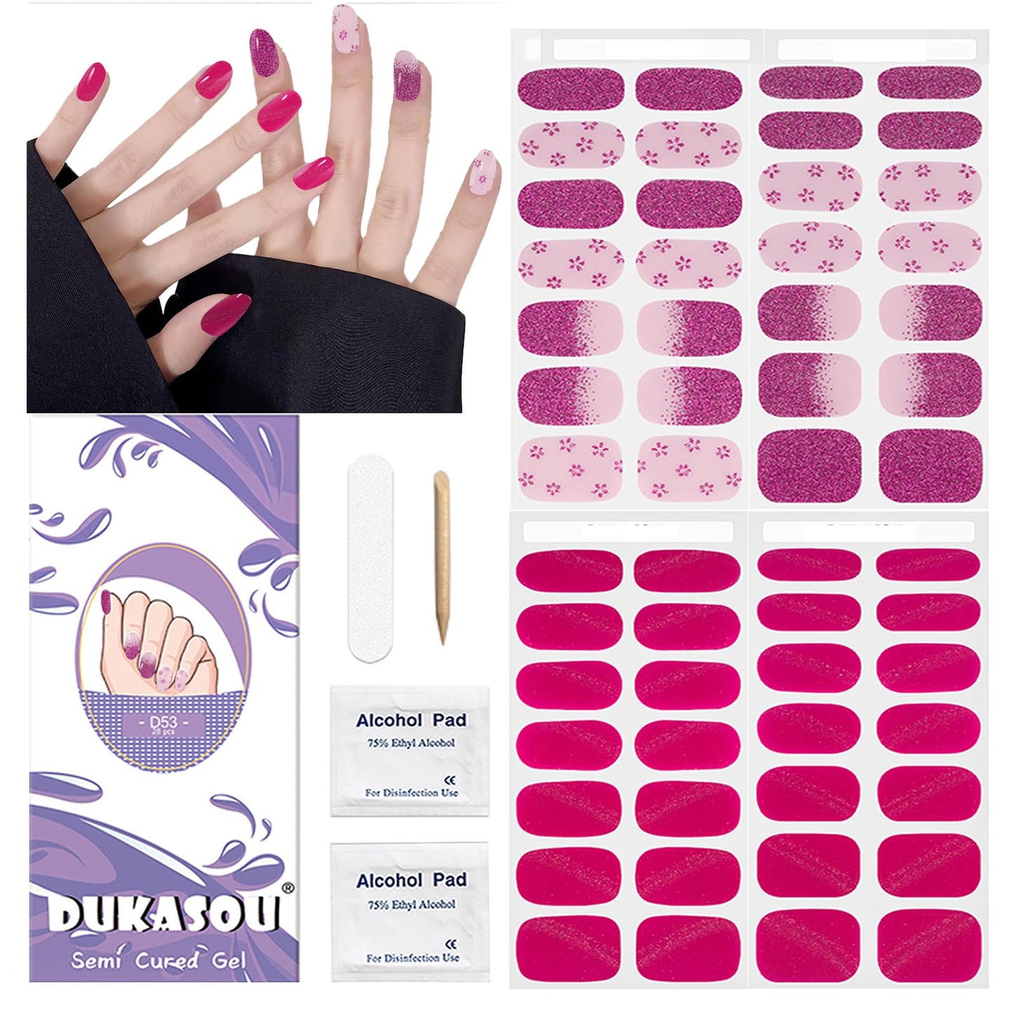 Semi Cured Gel Nail Strips, 56Pcs Nail Art Stickers/Wraps, Long Lasting UV Nail Polish Strips for Adults (Silver Rhinestones+French Tip Glitter) BST220