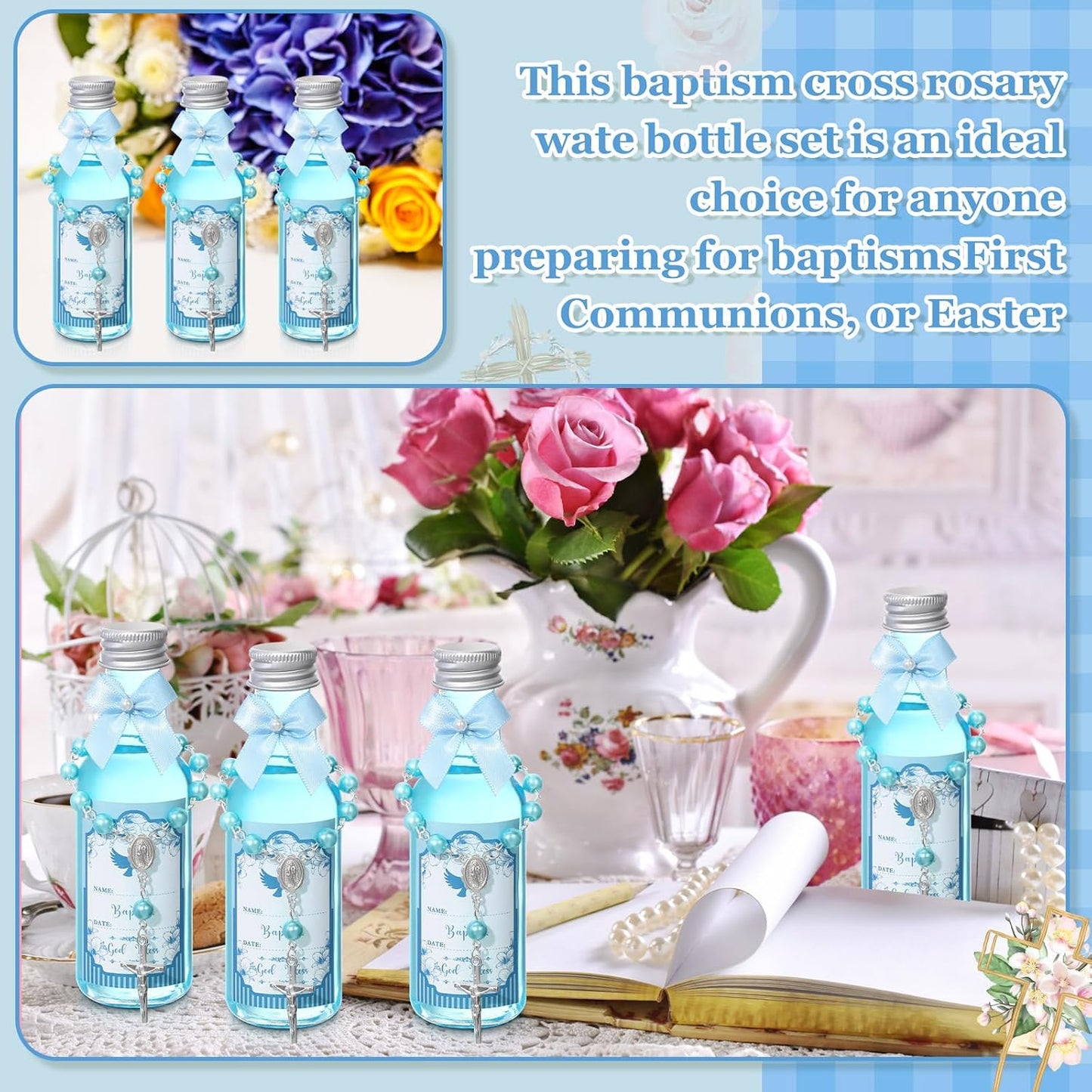 FillTouch 12 Sets Catholic Holy Water Bottle Baptism Rosary Set Baptism Favors 1.7oz Christian Water Container Empty Glass Holy Water Bottle for Easter Party Church Wedding Table Newborn (Blue) BST326H