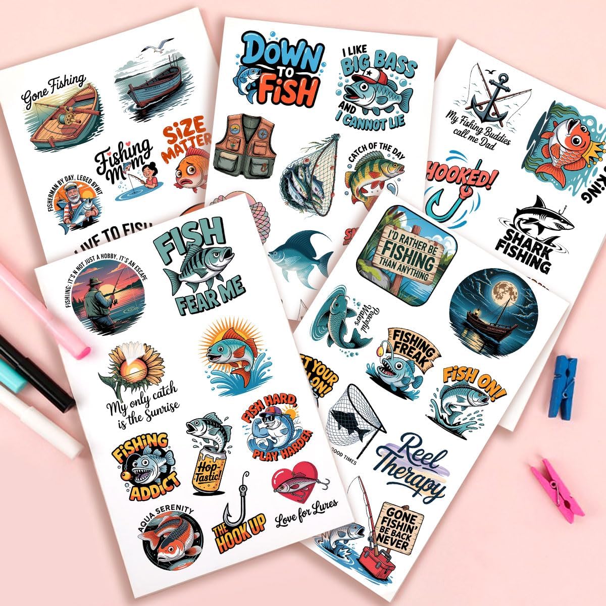 50 Pcs Fishing Sticker Vinyl Fish Decals, Fishing Lures, “Gone Fishin’” and “Fish On!” Nautical Ocean Designs for Tackle Boxes, Coolers, Water Bottles, Laptops, Hard Hats, Journals (3 inch) BST202