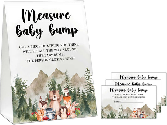 Woodland Baby Shower Game, Jungle Animal Safari Measure Baby Bump, 1 Standing Sign with 50 Cards for Gender Neutral Shower - A02 BST326L