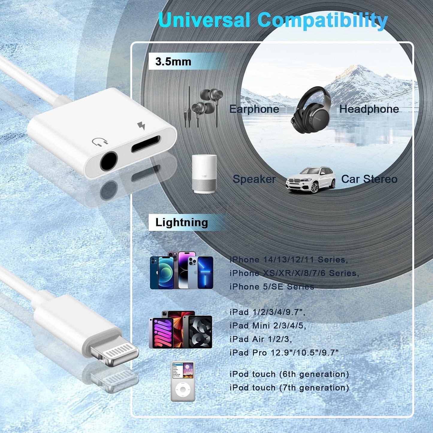[Apple MFi Certified] iPhone Headphones Adapter, 2 Pack 2 in 1 Lightning to 3.5 mm Headphone Jack Aux Audio and Charger Cable Splitter Adapter Dongle for iPhone 14 13 12 11 Pro Max XS XR X 8 7 WN420