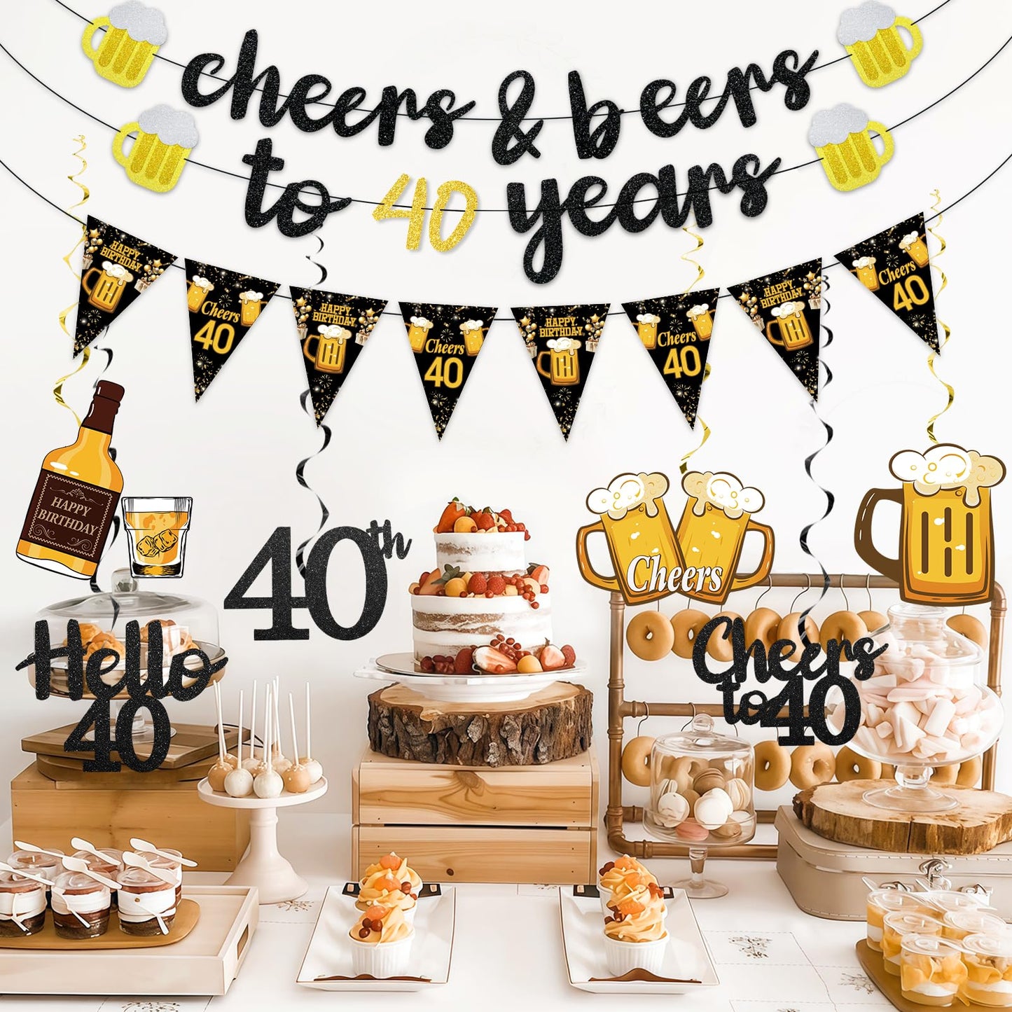 Black Gold 90th Birthday Decorations for Men Women, Glitter Pre-Strung Cheers to 90 Years Banner Hello 90 Hanging Swirls Paper Triangle Flag Banner Decorations Bday Party Supplies Kit WN420