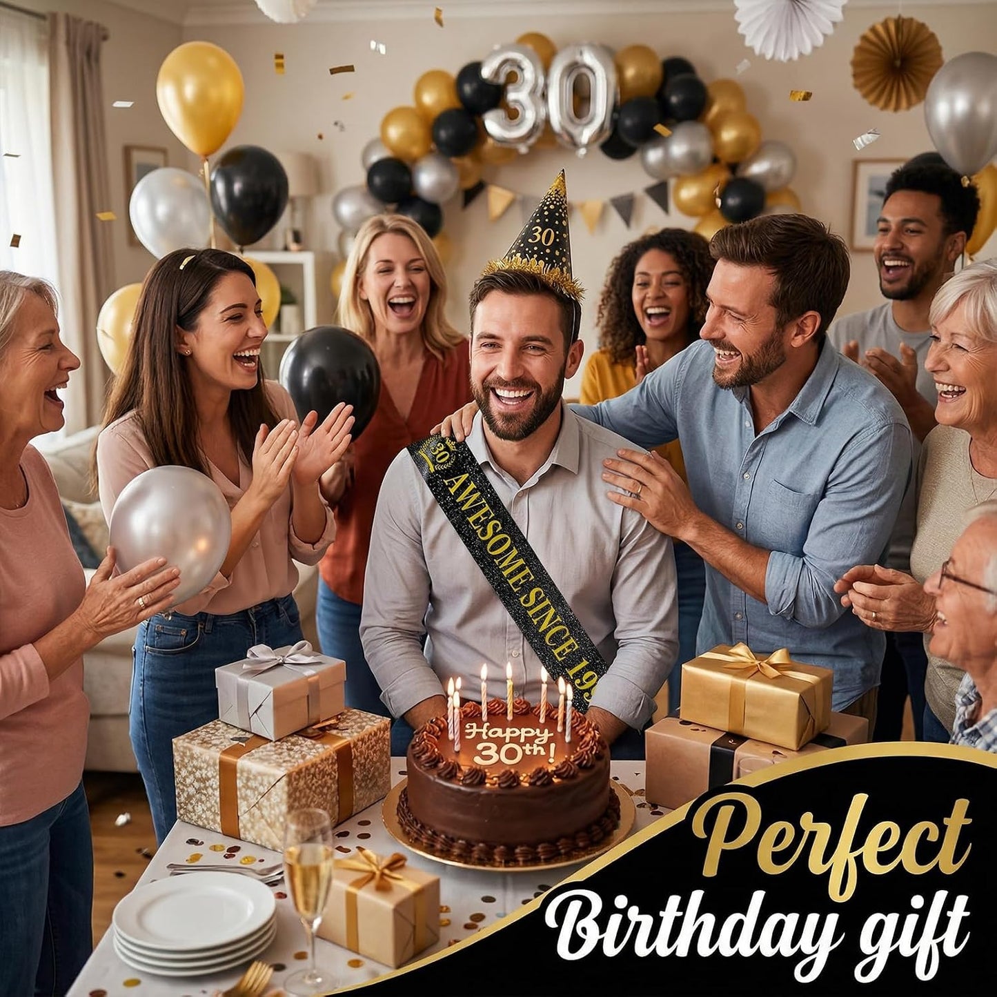 30th Birthday Sash - Unisex Black Glitter Leather Sashes with Gold Foil Letter Awesome Since 1996 for Men Women Decorations Party Supplies Accessories Gifts Outfit BST326L
