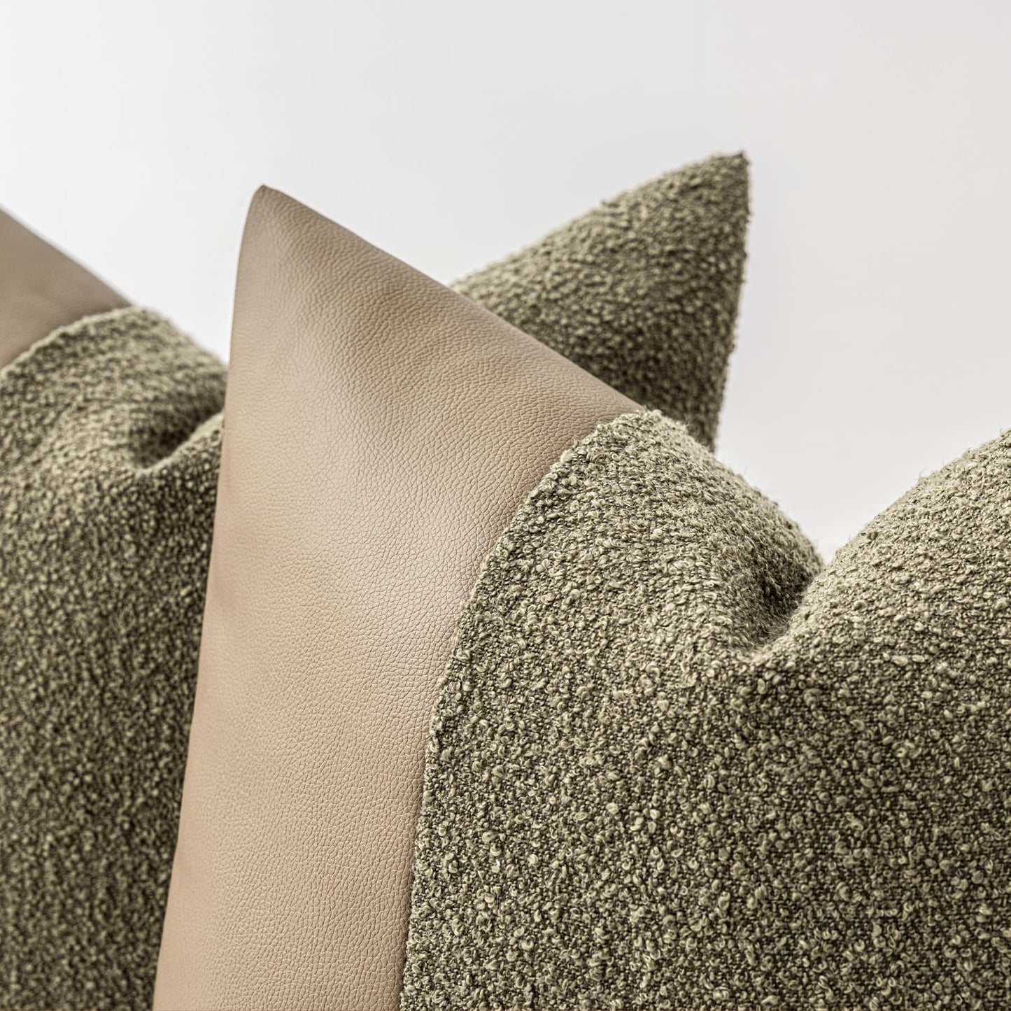 Set of 2 Fluffy Boucle Pillow Covers 18"x18", Oatmeal Textured Throw Pillow Covers with Faux Leather Accents, Boho Decorative Pillow Cases for Couch, Bed, or Farmhouse Home Decor BST220