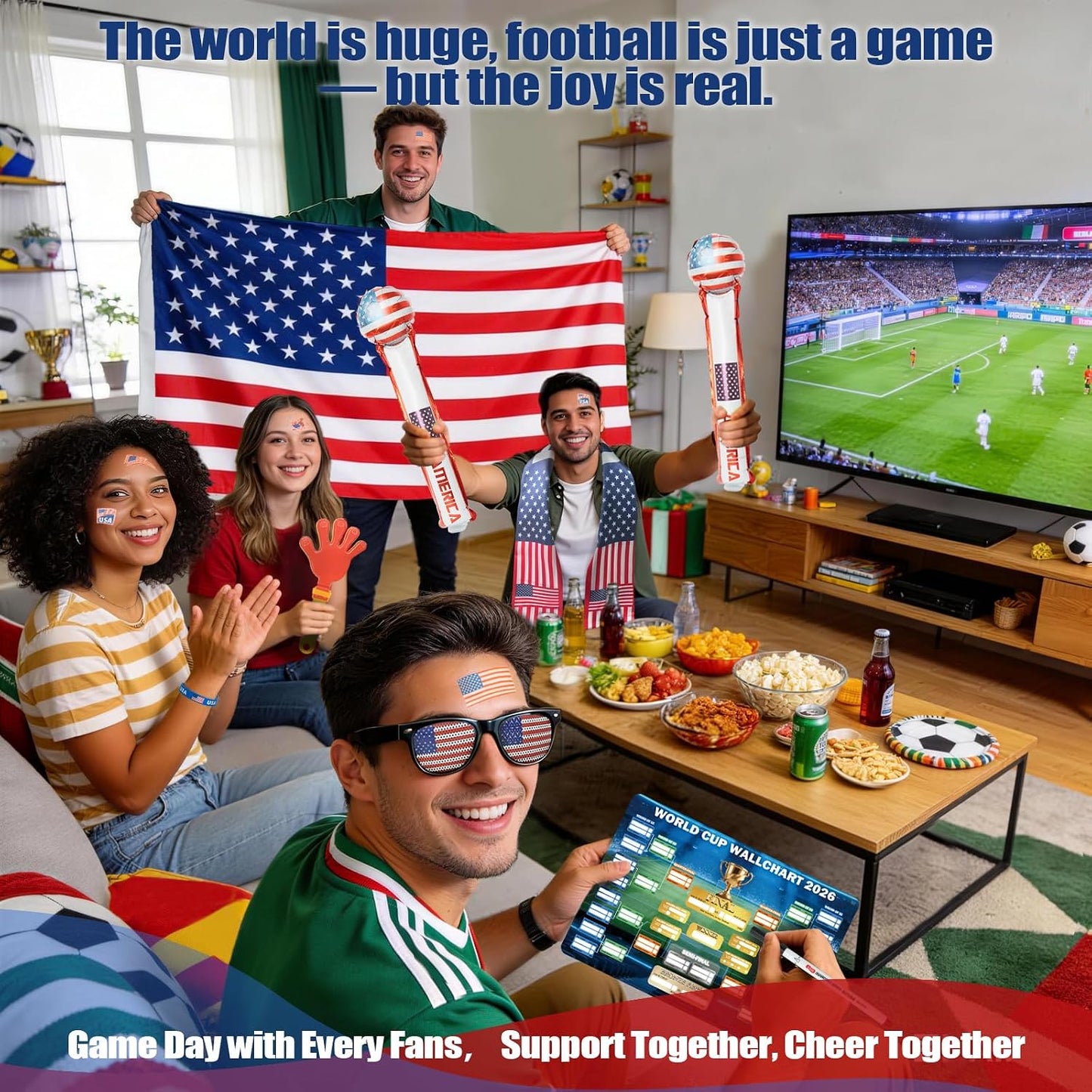 Large American Flag 3x5 Ft 59 x 35 in with Soccer Watch Party Accessories, Temporary Tattoos, Glasses, Scarf, Wristband, Thunder Sticks, Clapper, 2026 World Cup Wall Chart BST202