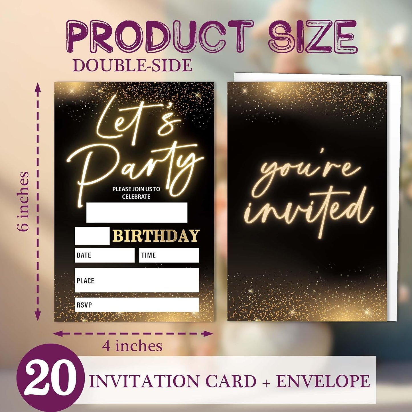 Let's Party! Gold Birthday Invitations, 4x6 Inch, 20Pcs Double-Sided Fill-In Cards & Envelopes for Boys, Girls, Birthday Parties WN420