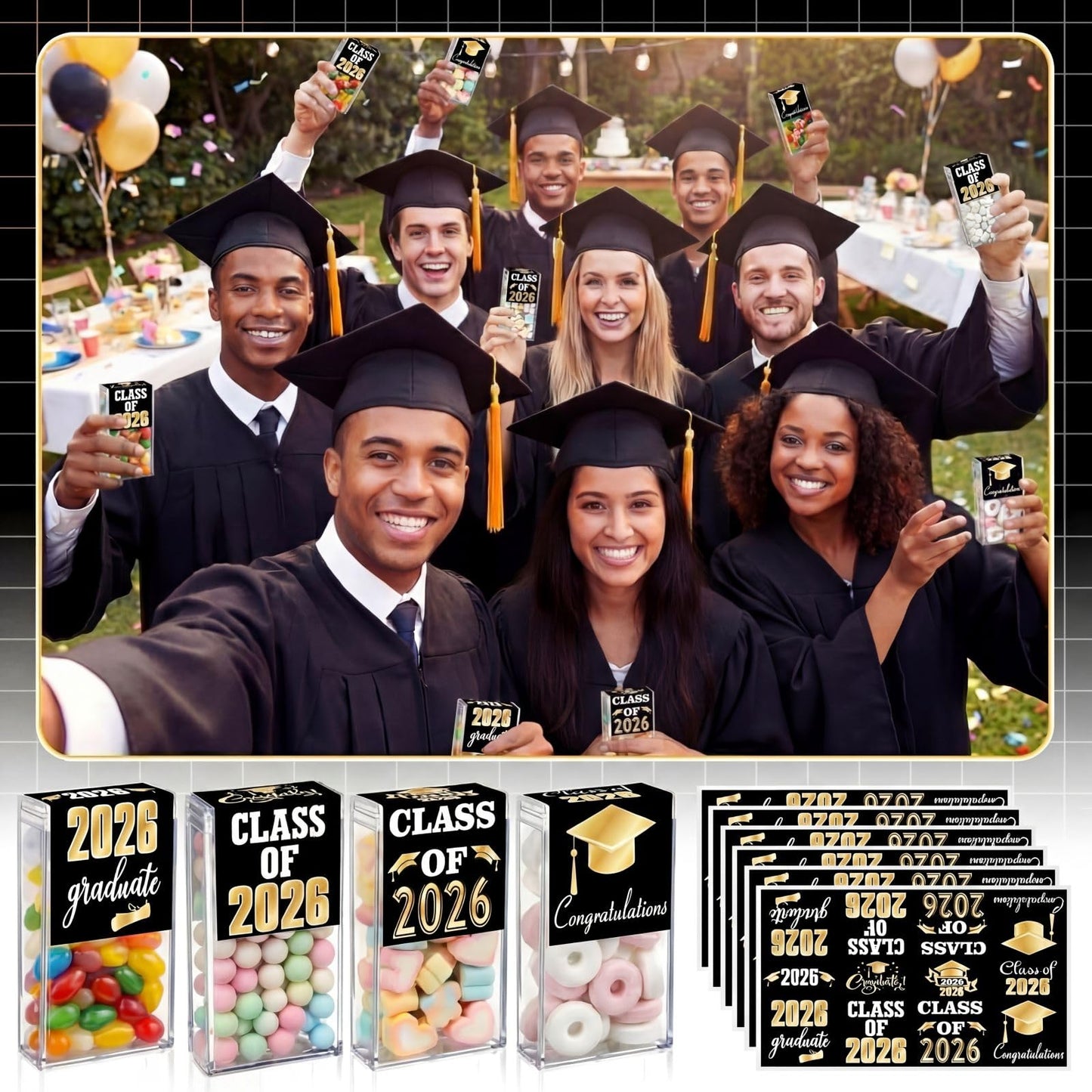 AceOrbit 2026 Graduation Candy Jar Bulk for 24 Guest 3.54 Inch Empty After Dinner Candy Tube Buffet Container Acrylic Box with Sticker for Class of 2026 End of Year Gifts Multi-item Party Favor(Blue) WN420