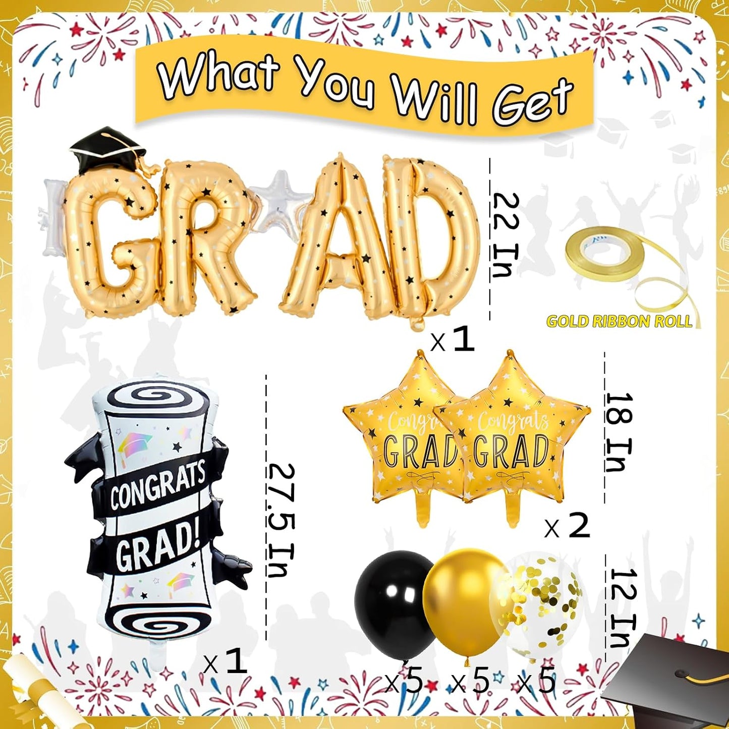 Graduation Balloons Congrats Grad Balloons Gold and Black Balloon for 5th Grade Graduation Decorations Grad Party Decorations 2026 BST326L