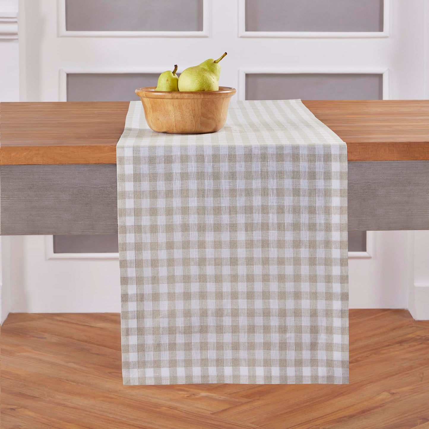 Solino Home 100% Pure Linen Table Runner Apricot, Gingham Check 14 x 36 in | Table Runners for nightstands, end tables, coffee tables and dressers | checkered weave, mitered corners | OEKO-TEX Certified BST326SOLH