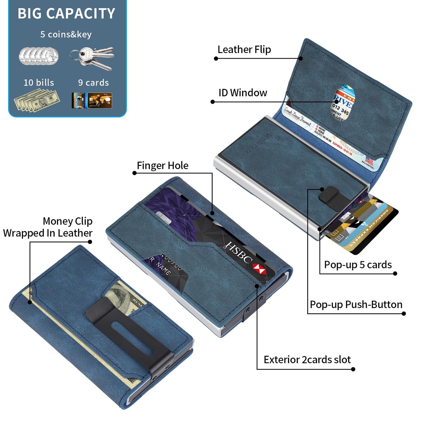 Mens slim Wallet，with RFID Shielding, Holds 9 Cards Easily, metal wallet， card wallet for Men, Minimalist Wallet For Men, Made of aluminum and Pu Synthetic Leather, Includes Cash clip (Black) BST202