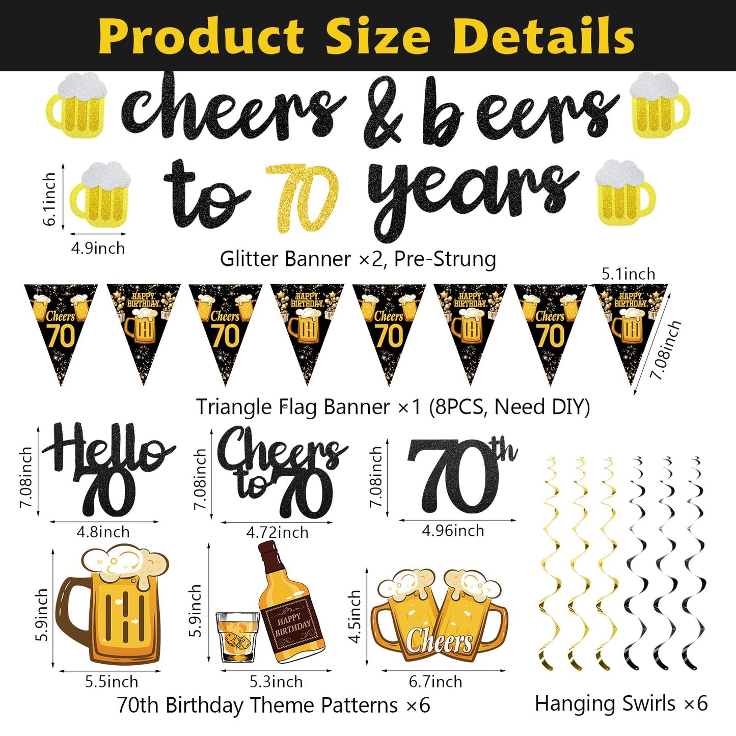 Black Gold 90th Birthday Decorations for Men Women, Glitter Pre-Strung Cheers to 90 Years Banner Hello 90 Hanging Swirls Paper Triangle Flag Banner Decorations Bday Party Supplies Kit WN420