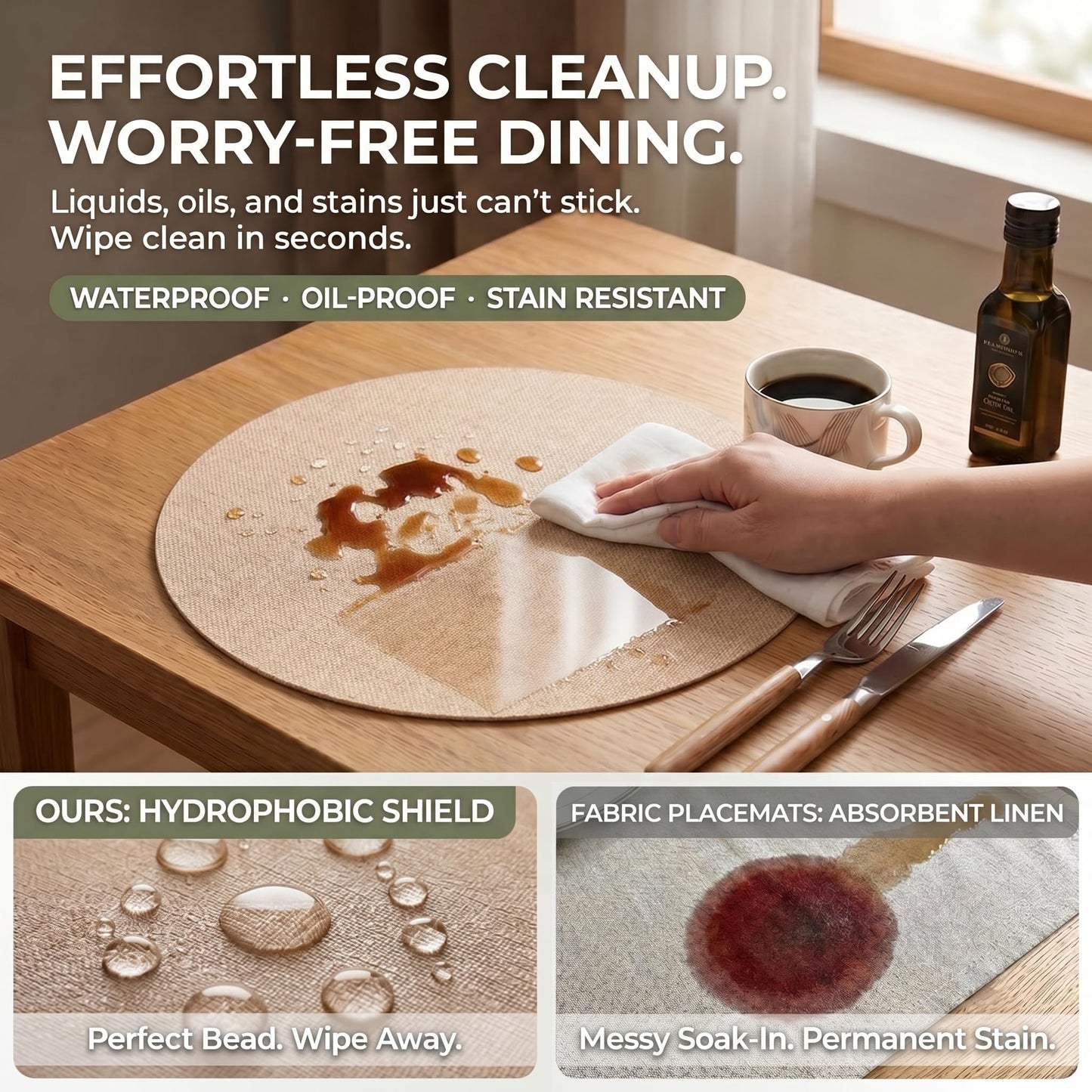 Faux Leather Placemats Set of 6, Wipeable Waterproof Stain Resistant Table Mats, Heat Resistant Thick Placemats with Hand-Painted Edges for Kitchen Dining, Imitative Linen Texture, Various Shapes BST326H