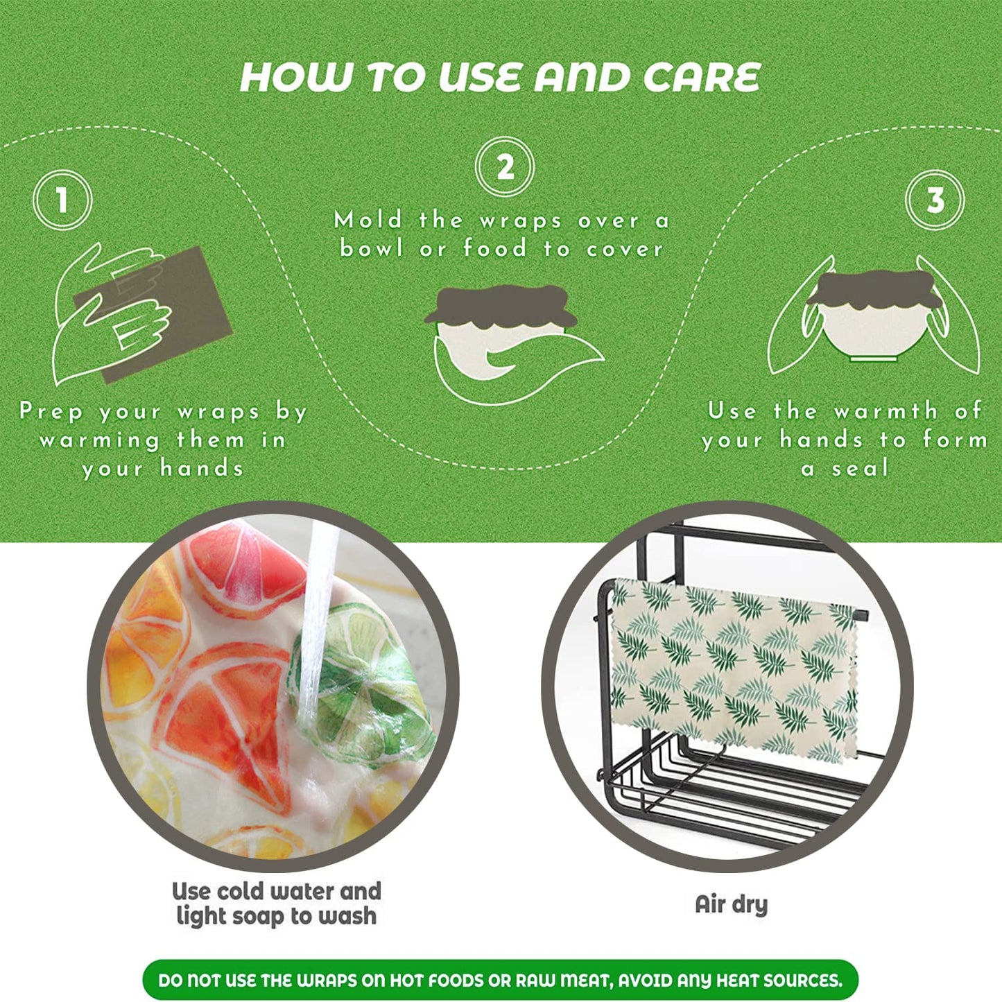 Beeswax Reusable Food Wraps - (6 Packs, 3 Sizes S,M,L, with 2 Meter Hemp Rope, Two Buttons) Plastic and Silicone Free, Eco-friendly Wrap, Wax Paper for Food,Flower BST220