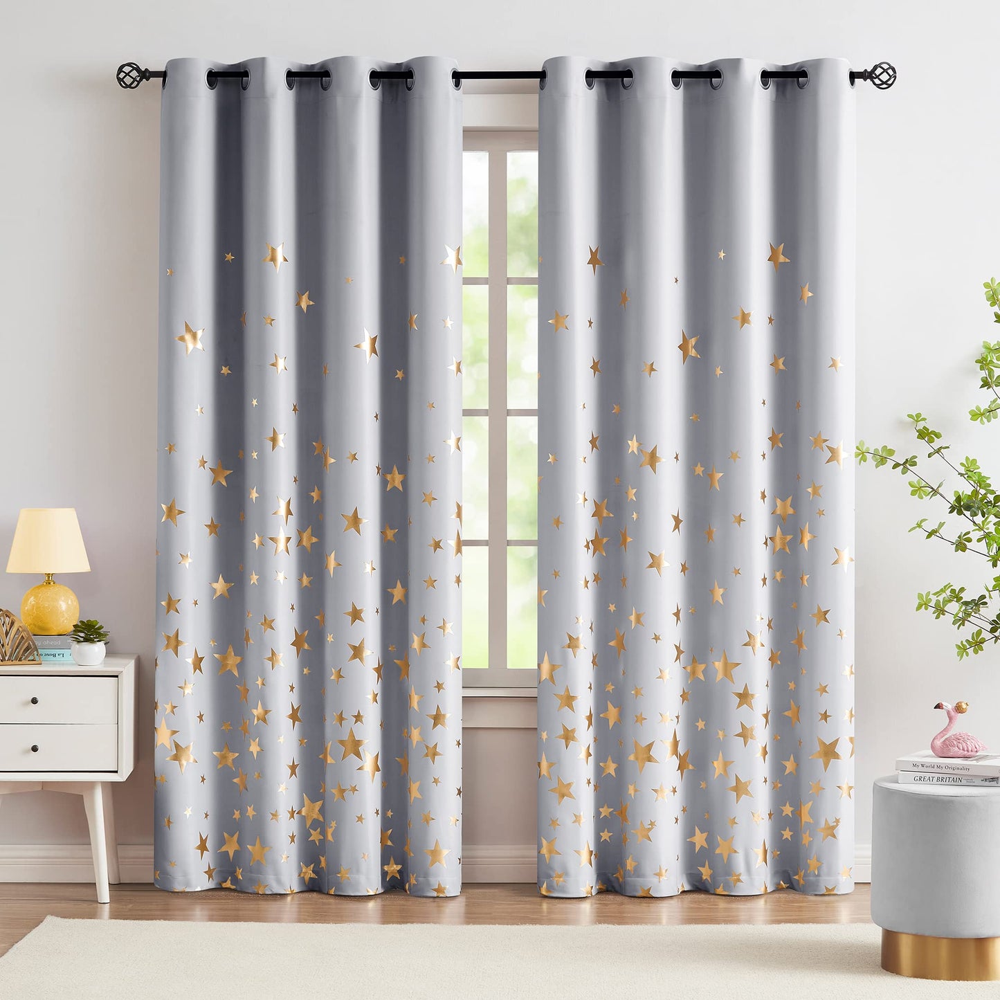 Treatmentex Gold Star Black Full Blackout Curtains for Boys Bedroom, Metallic Window Panels for Baby Nursery Room Grommet Top 2 pcs(Black Gold, 50x63in) BST202