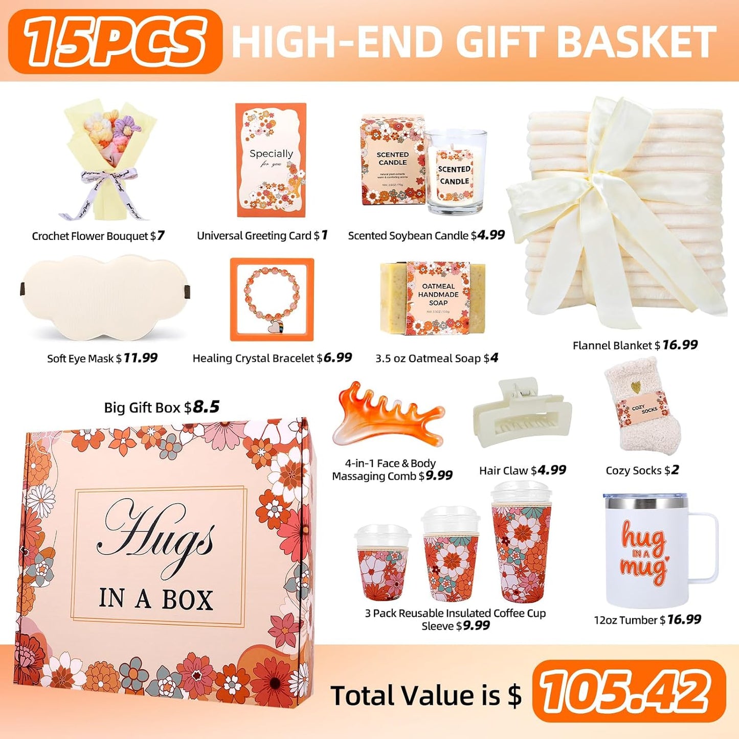 15Pcs Get Well Soon Gifts for Women, Care Package with 12oz Tumbler, 3-Pack Coffee Sleeves, Blanket & Flower, Gift Basket for Surgery Recovery, Birthday, Sympathy WN420