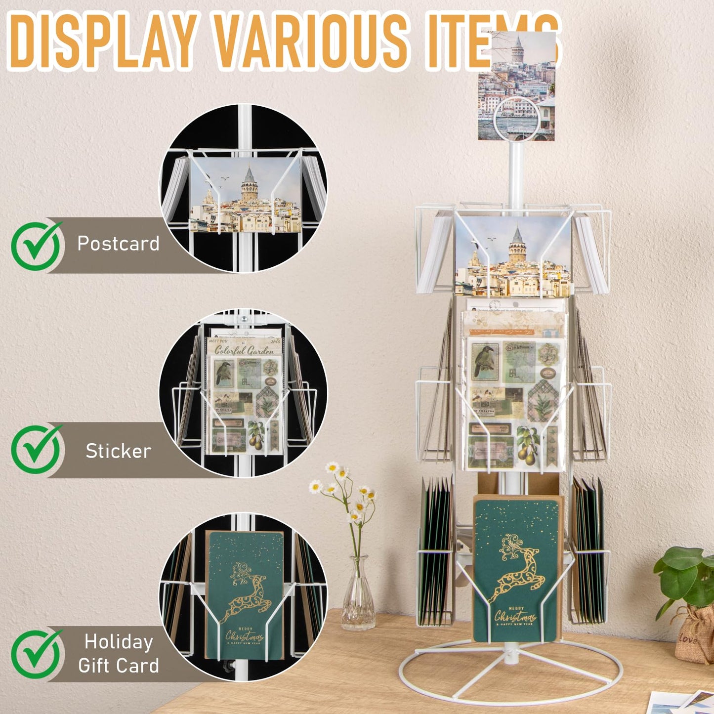 ANBOXIT Greeting Card Display Stand, Metal Rack Holder Organizer | for Retail Stores Vendors, Postcards, Stickers, White - 4 Tier BST202