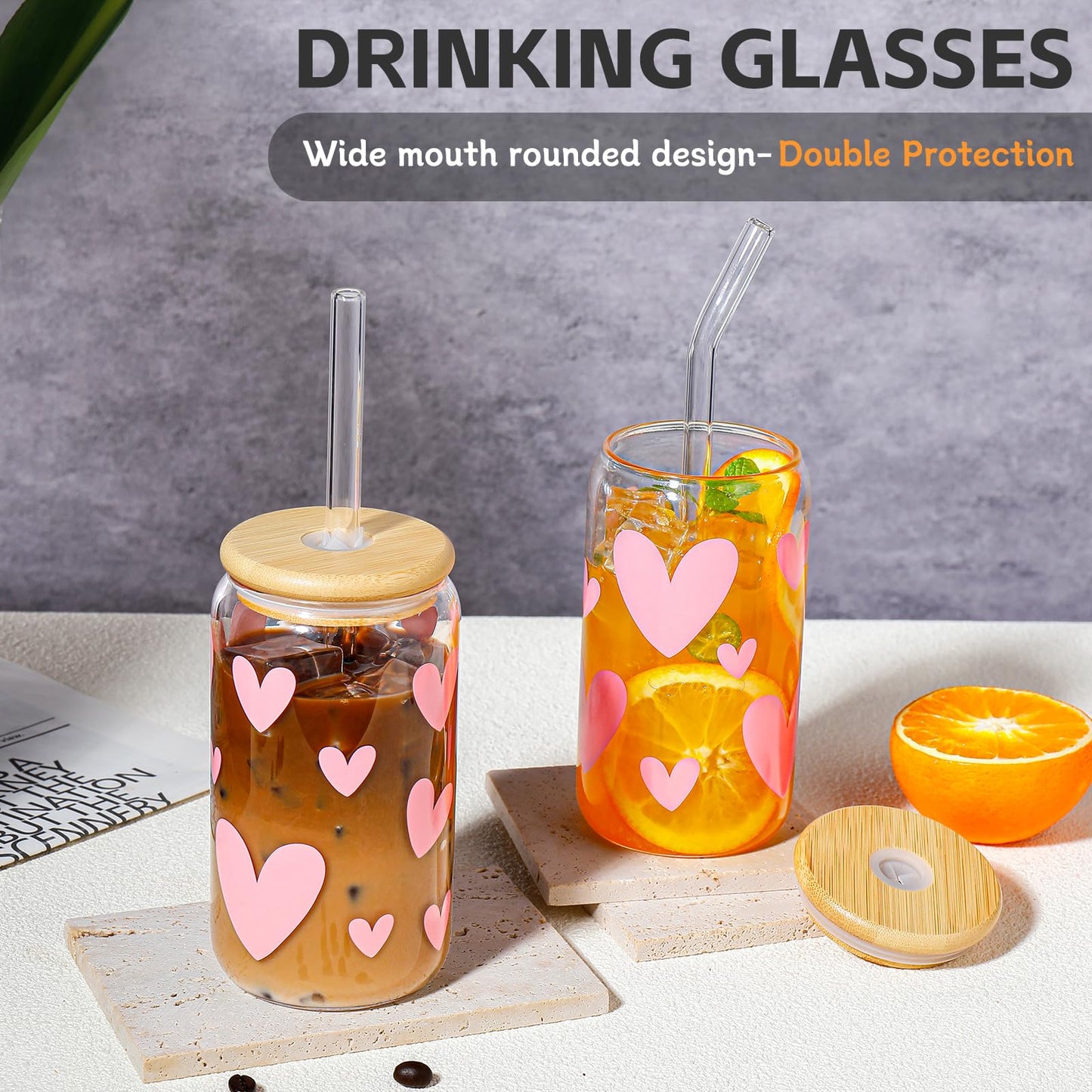 DWTS DANWEITESI Glass Cups “20oz”,Glass Cups with Lids and Straws 4 pcs-Coffee Cups,Drinking Glasses Set,Glass Tumbler with Straw and Lid Gift 2 Cleaning Brushes 600ml BST202