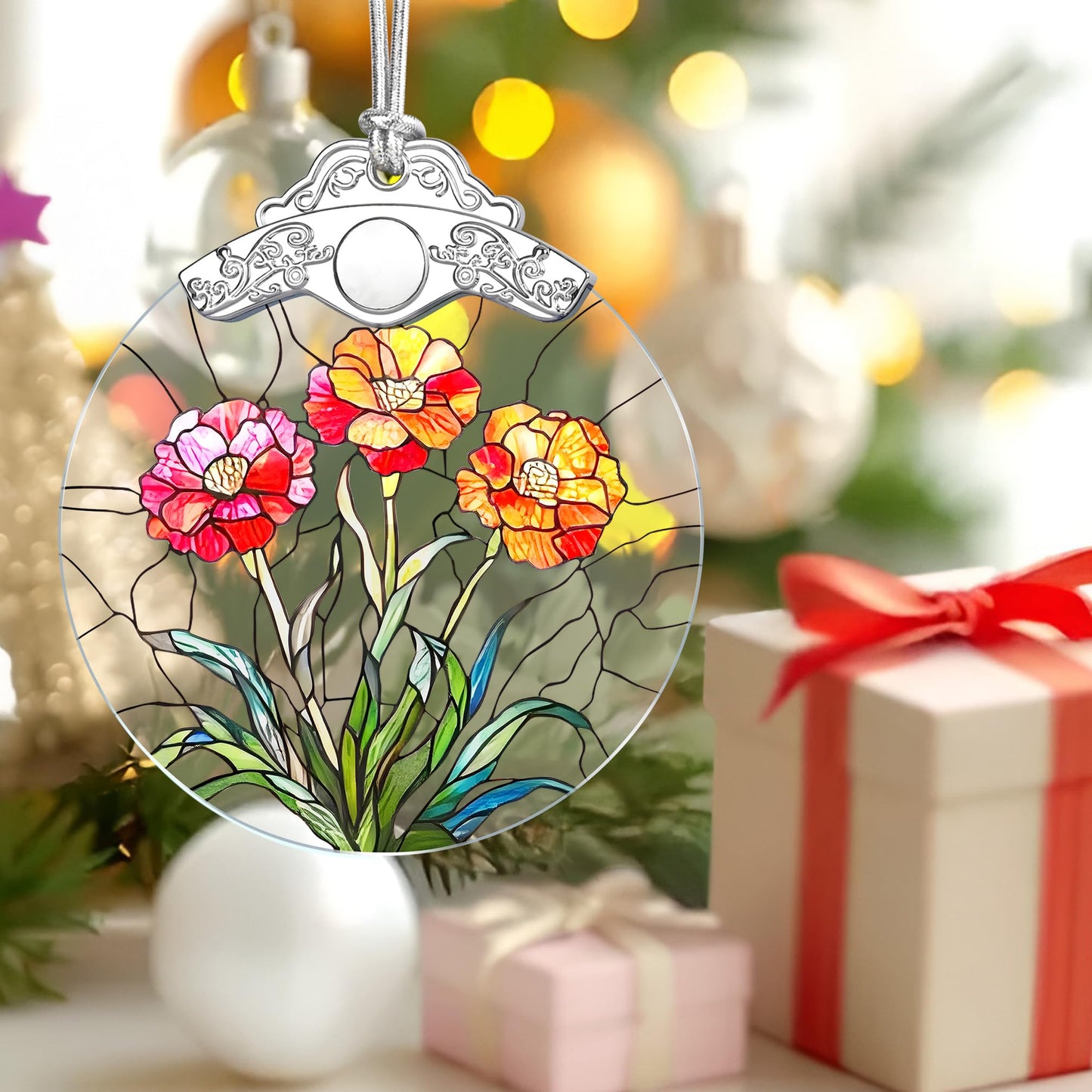 Christmas Ornaments: Stained Glass-Style January Birth Flower Ornament – Christmas Tree Decorations, Holiday Party Gifts, Mother's Day & Birthday Gifts for Women, Mom & Grandma | Birth Flower Gift BST220