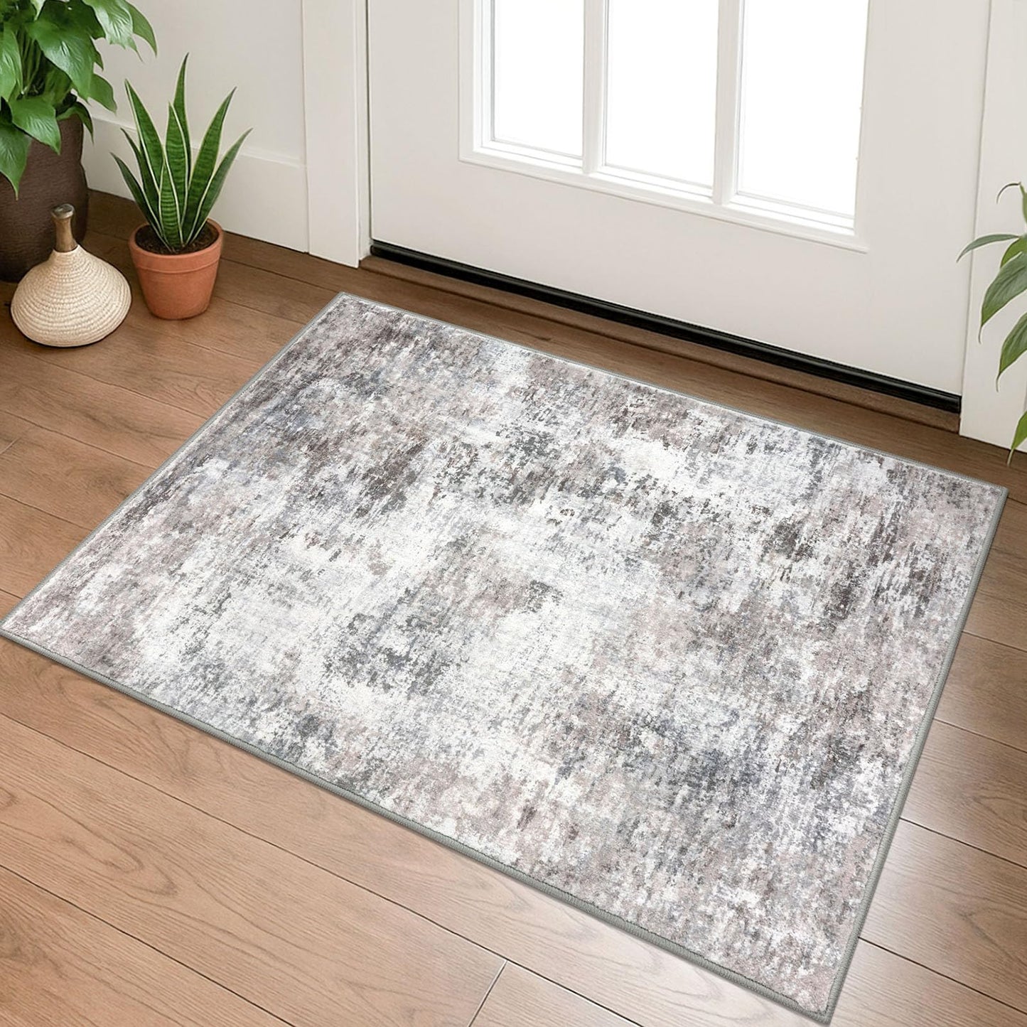 Lansny Modern Abstract Runner - 2x5, Beige Grey Washable Kitchen Entryway Rug Mat Non-Slip Soft Neutral Hallway Rug Thin Print Faux Wool Carpet for Bedroom Laundry Room Indoor BST220