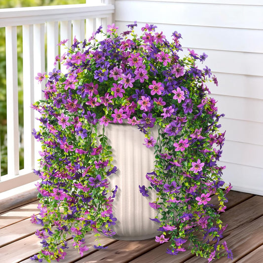 Artificial Hanging Flowers for Outdoors, 2 Pcs Fake Hanging Plant Spring Summer Decor, UV Resistant No Fade Realistic Faux Flower for Front Door Porch Planter Patio Garden Yard(Double Purple) WN420