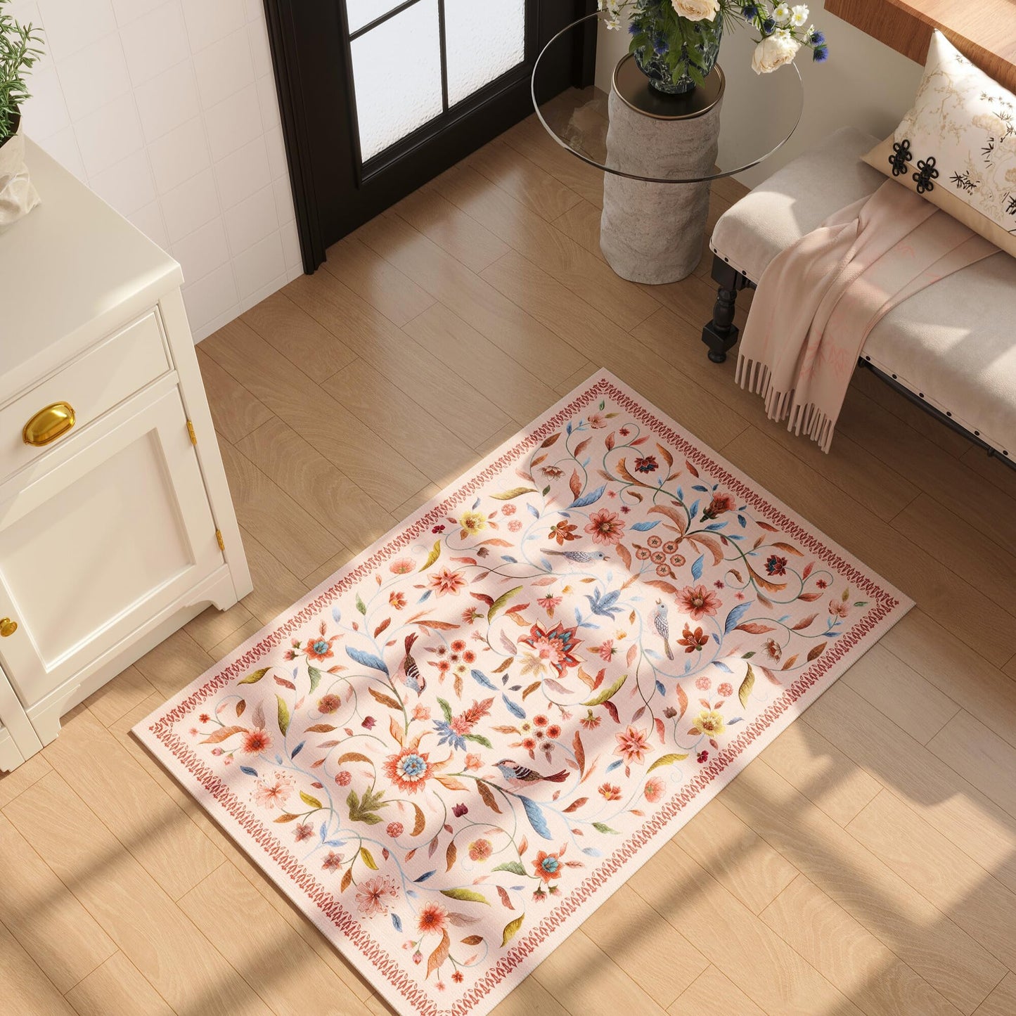 Vintage Medallion Floral Kitchen Runner 2x6, Machine Washable Rug, Soft Low Pile, Non-Slip Carpet for Hallways, Laundry, Bedroom, Bathroom, Entryway | Pink BST220
