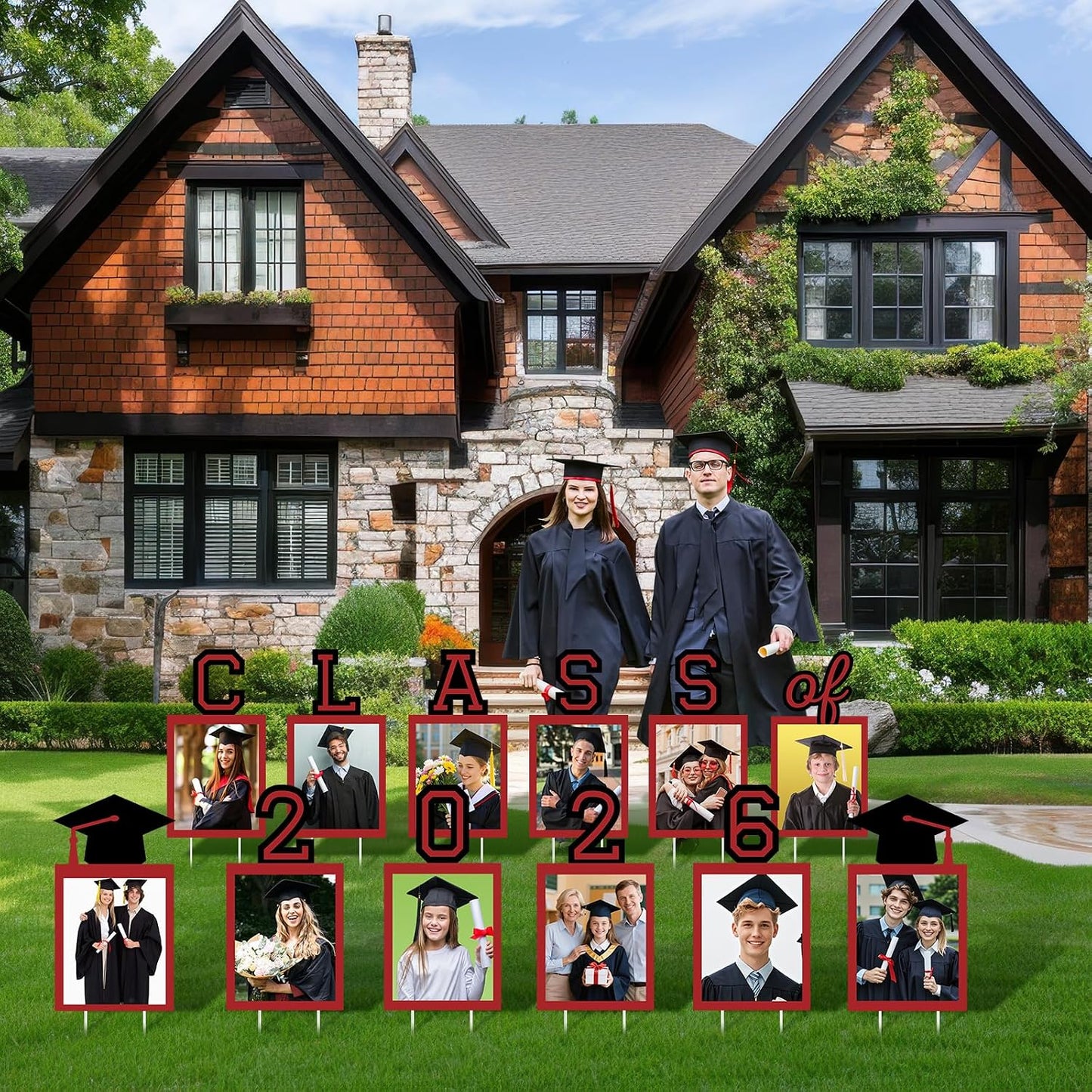 12 Pcs Graduation Photo Yard Sign Decorations 2026, K-12 Grade Graduation School Picture Frame Lawn Sign with Stakes for Kindergarten Middle High School Class of 2026 Grad Party Decorations, Red WN420