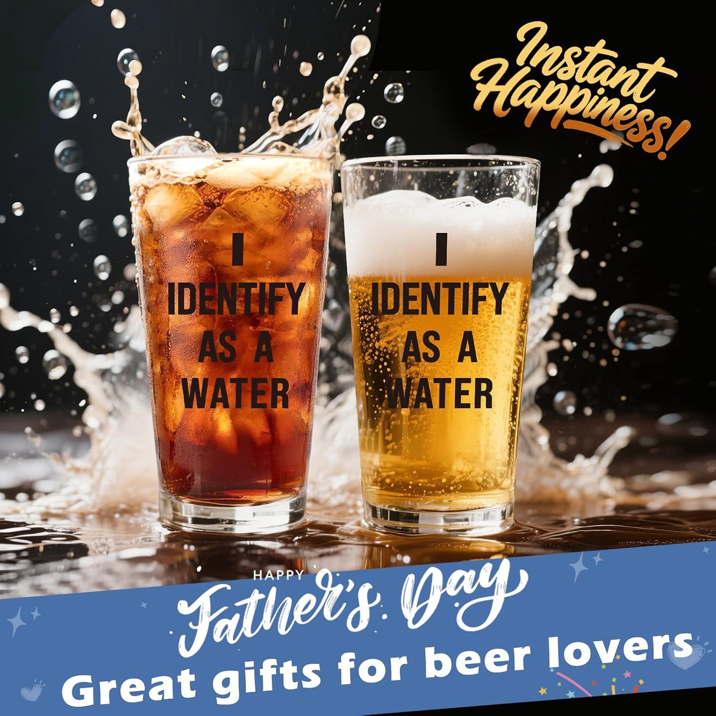 Father's Day Birthday Gift for Dad from Daughter Son Wife I Identify As A Water 16oz Beer Glass Fathers Day Retirement Promotion Gift for Father Daddy Bonus Stepdad Husband Grandpa Boyfriend Men Him BST326L