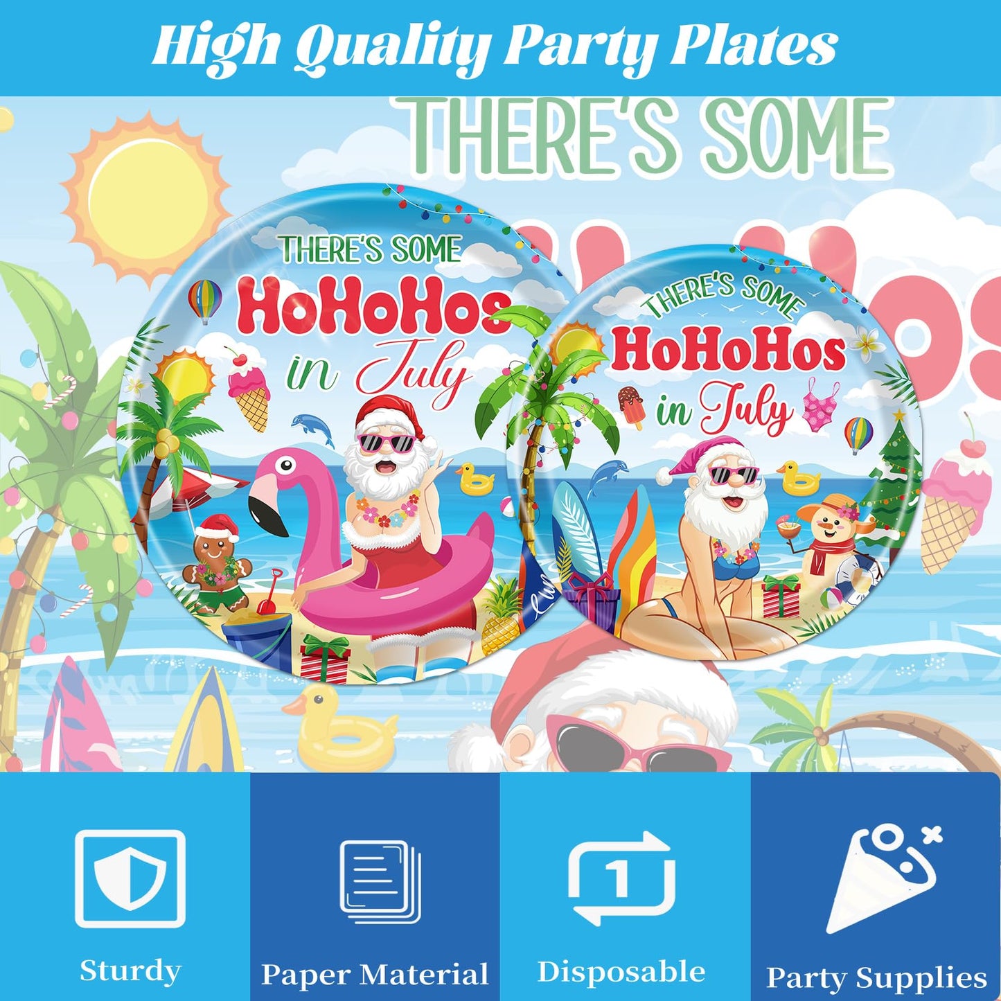 Gameza July Christmas Party Decorations Tableware, 96PCS There's Some Hohoho's in July Disposable Paper Plates and Napkins Decoration, Summer Xmas Beach Forks Decor Supplies Serves 24 BST220