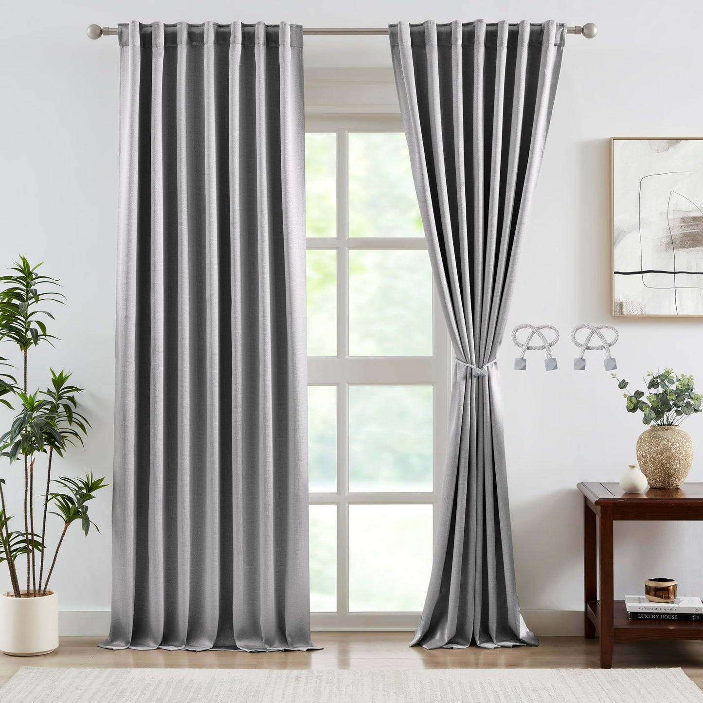 Bujasso Gray Jacquard Blackout Window Curtain Panels, 54" Wx84 Lx2 | Back Tab Rod Pocket with Magnetic Tiebacks,Thermal Insulated,85% Room Darkening Light Blocking Drapes for Bedroom Living Room BST326H