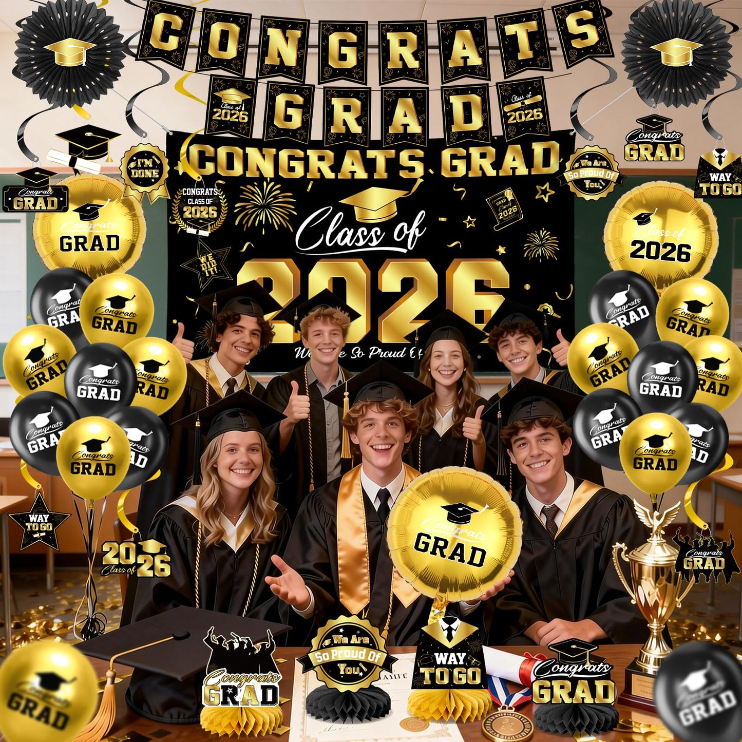 Graduation Decorations 2026-Blue and Black Graduation Party Decorations Supplies Class of 2026 with Graduation Banner, Backdrop, Balloons, Centerpieces, Hanging Swirl for Grad Party BST326H