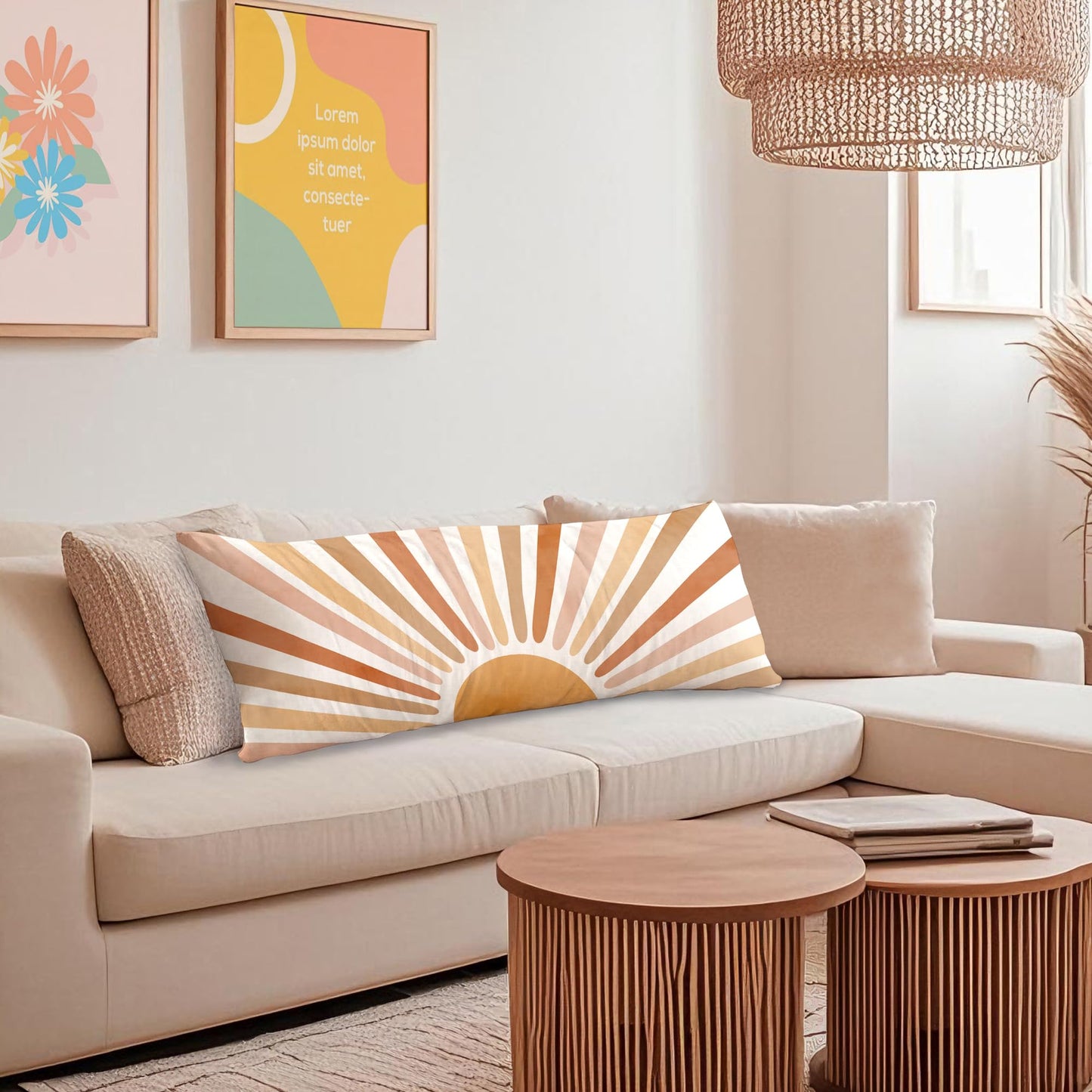 Boho Sun Sunshine 21x54 Body Pillow Cover Case, Modern Neutral Boho Horizontal Sun Sunset Sunrise Decorative Long Hug Pillow Cases for Bed Couch BST220