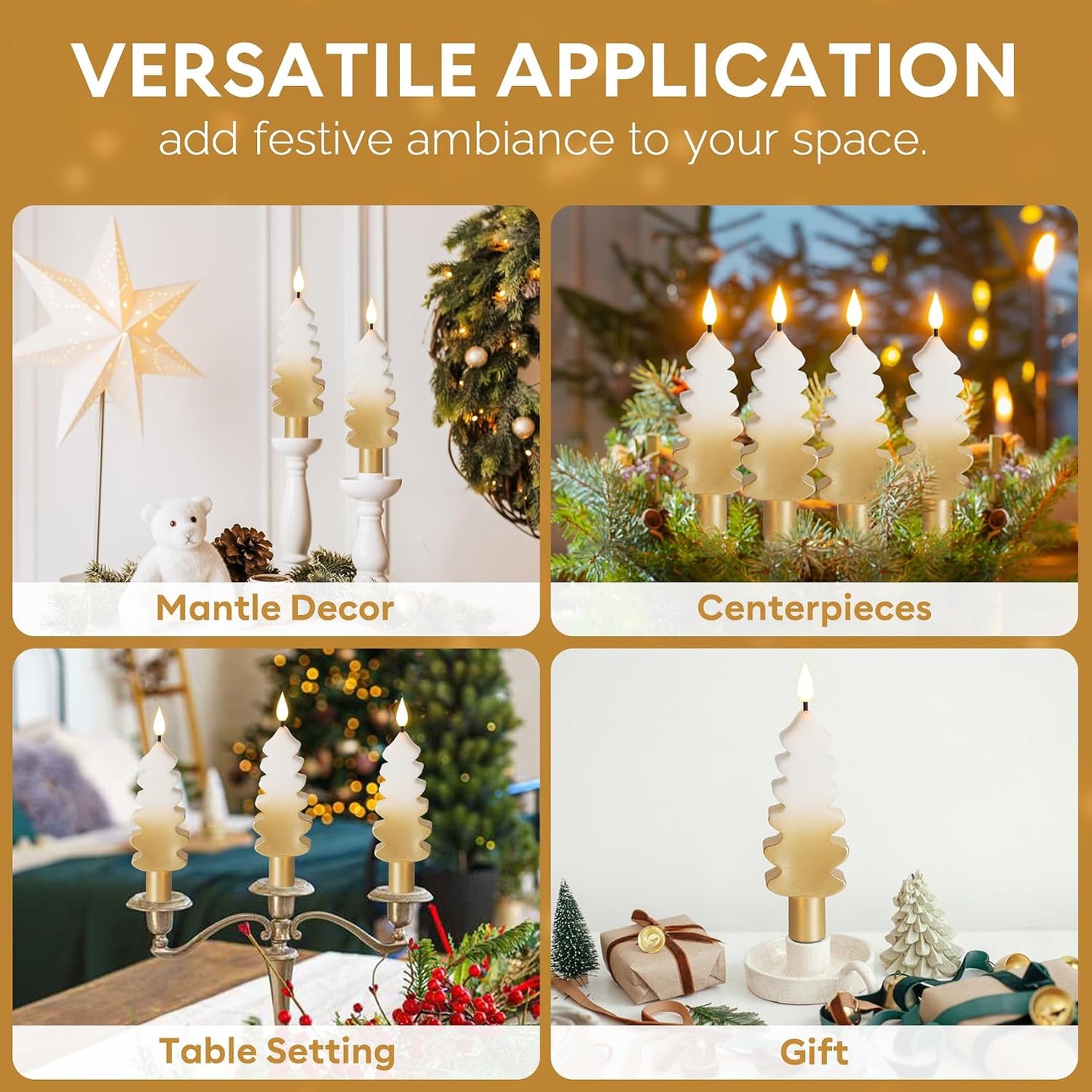 Eywamage Gold Christmas Tree Flameless Taper Candles with Remote, Short Battery Operated LED Wax Candlesticks Set of 4 WN420