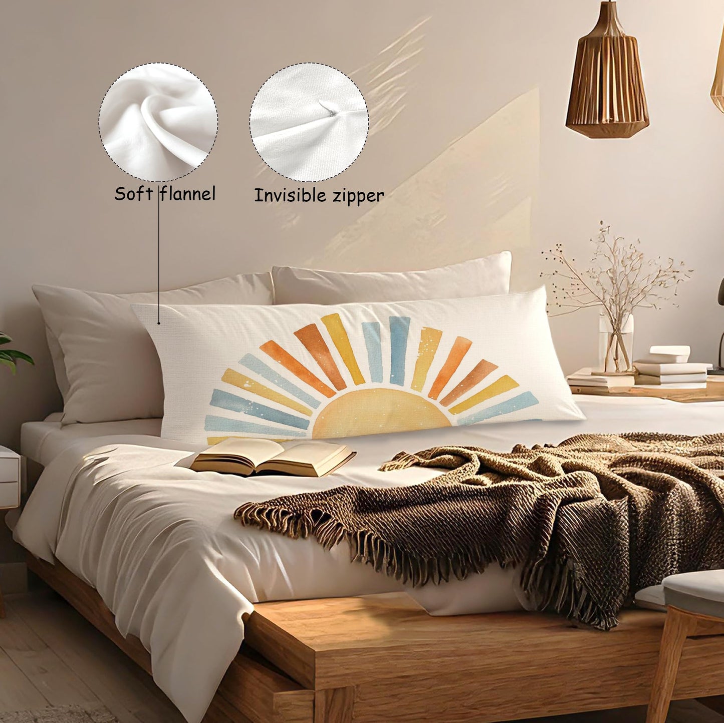 Boho Sun Sunshine 21x54 Body Pillow Cover Case, Modern Neutral Boho Horizontal Sun Sunset Sunrise Decorative Long Hug Pillow Cases for Bed Couch BST220