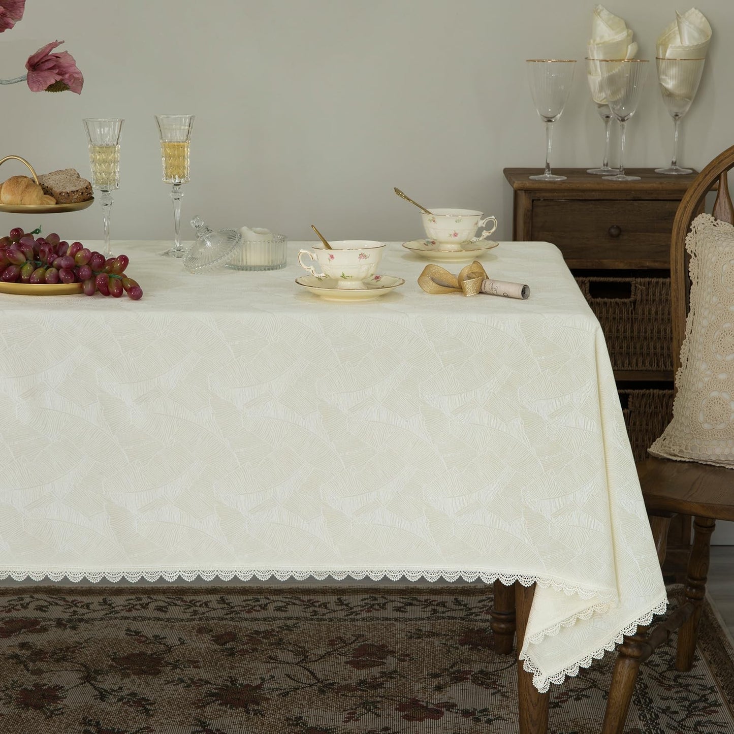 GLORY SEASON Textured Rectangle/Oblong Tablecloth Jacquard Fabric Solid Beige Table Cover for Kitchen Dining Farmhouse Decor 55x70 Inch BST202