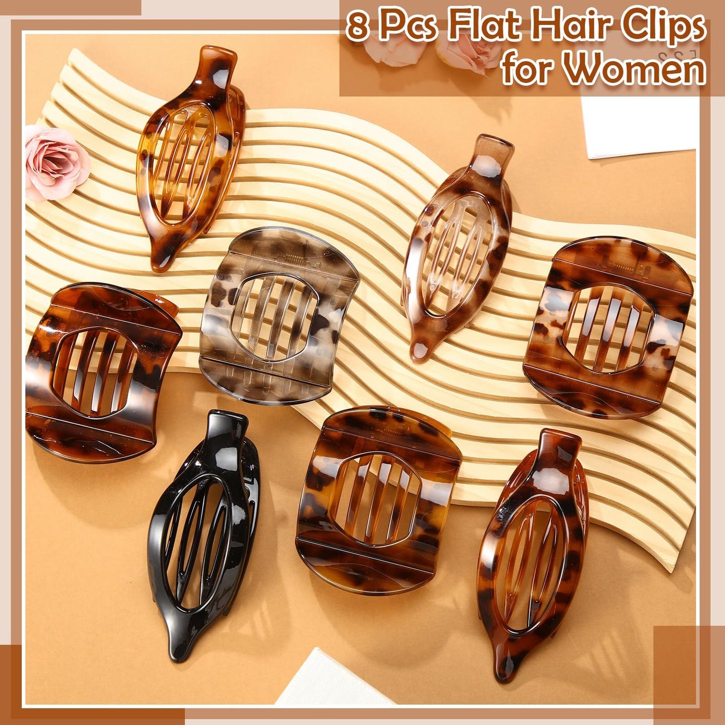 8 Pcs Flat Hair Clips for Women, 2 Styles Large Flat Claw Clips for Women, Strong Hold Non-slip French Hair Clips for Thick Thin Hair, Neutral Color WN420