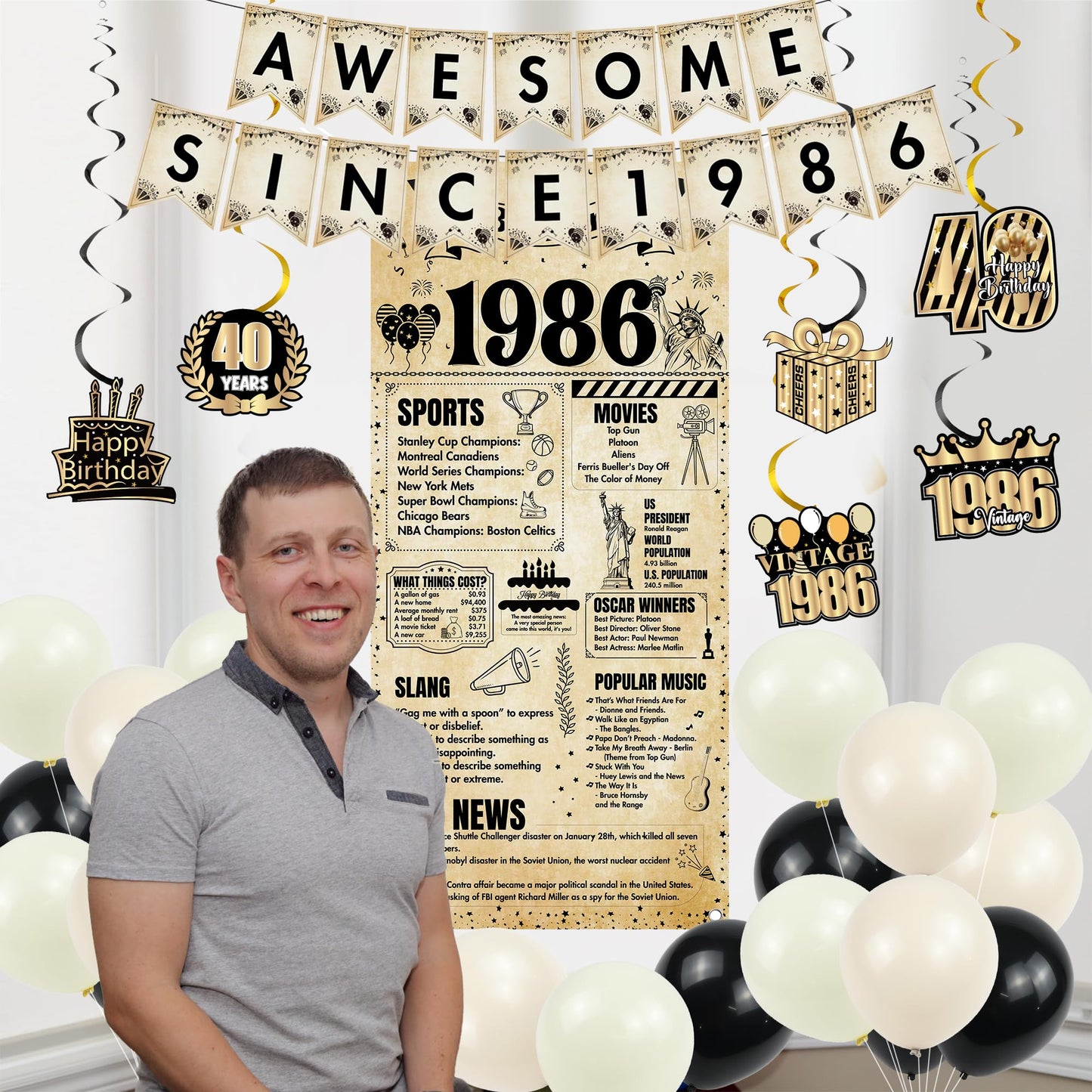 Happy 40th Birthday Decorations Men - 27 Pcs Retro Newspaper Theme Awesome Since 1986 Letter Banners Hanging Swirls Backdrop Latex Balloons for Men Women 40 Years Old Birthday Party Decor Supplies BST326L