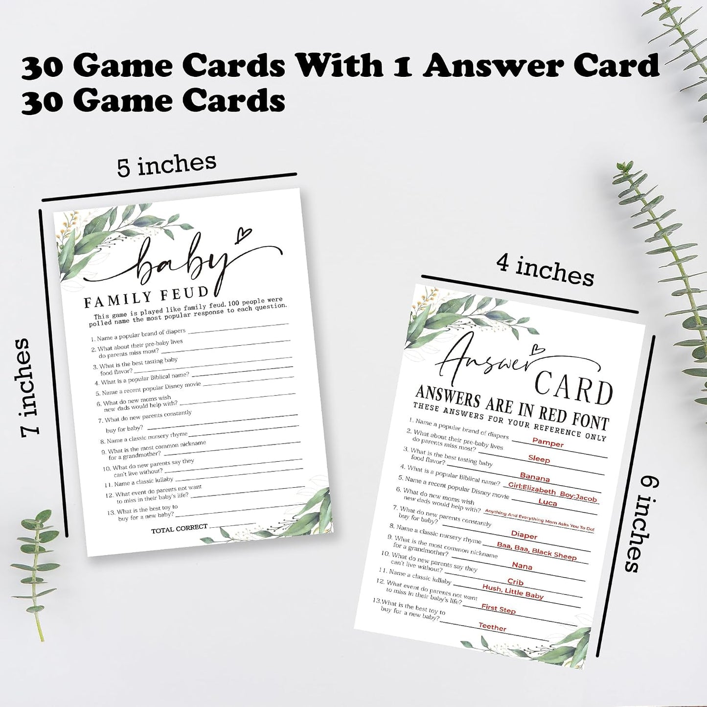 Baby Family Feud Baby Shower Game, 30 Greenery And White Game Cards For Girl Boy With 1 Answer Card, Gender Reveal Games, Baby Announcement,Party Favor & Supplies-B12 BST326L