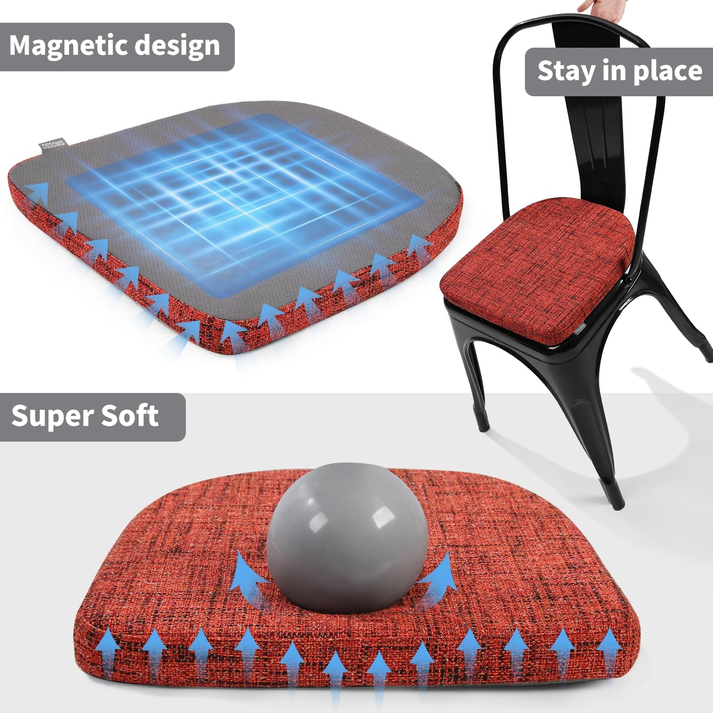 SINOSSO Memory Foam Bar Stool Cushions 4 Pcs, Modern Interwoven Style Magnetic Small Chair Pads Use for Cafe Bistro Stackable Metal Stool (Square, Red, 4) BST220