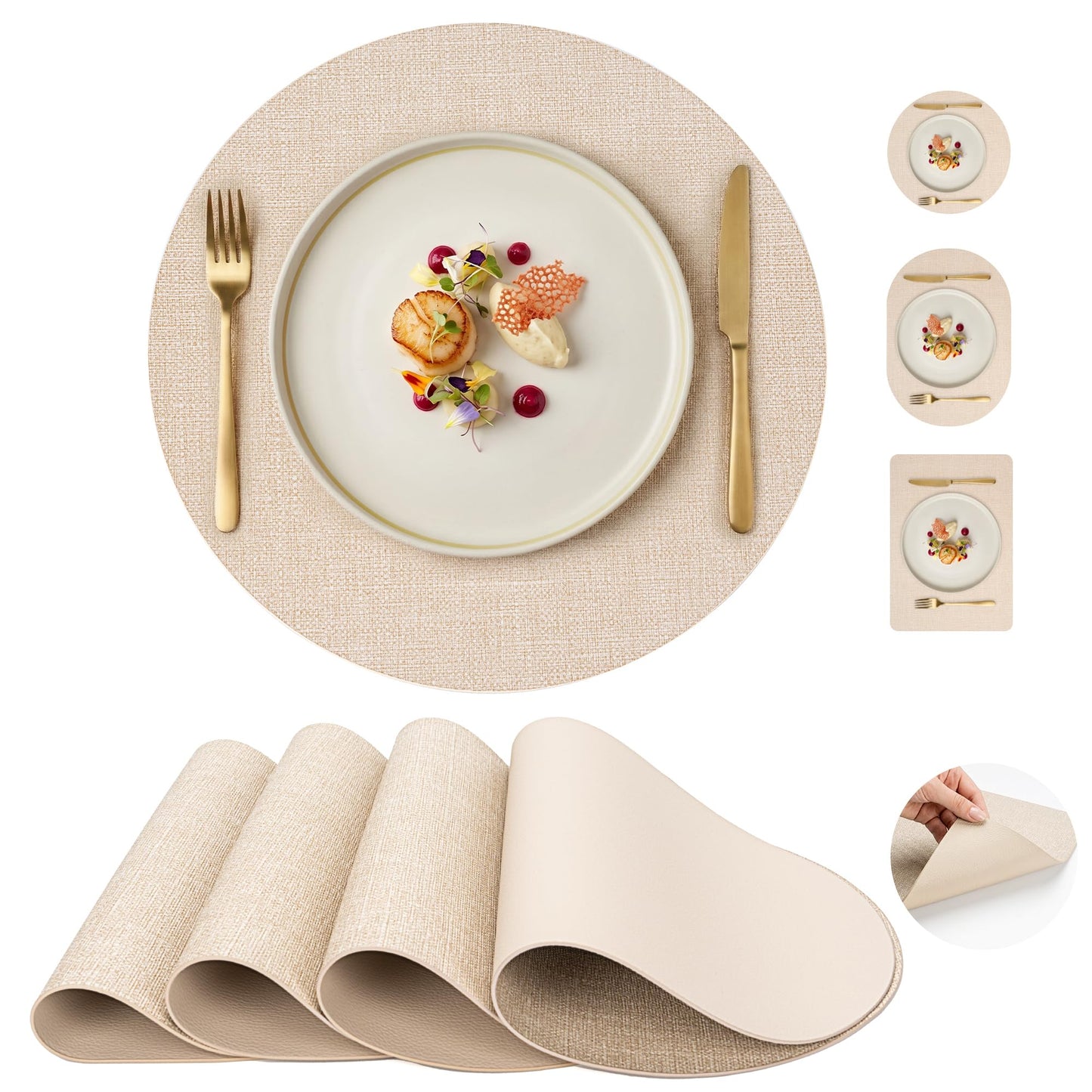 Faux Leather Placemats Set of 6, Wipeable Waterproof Stain Resistant Table Mats, Heat Resistant Thick Placemats with Hand-Painted Edges for Kitchen Dining, Imitative Linen Texture, Various Shapes BST326H